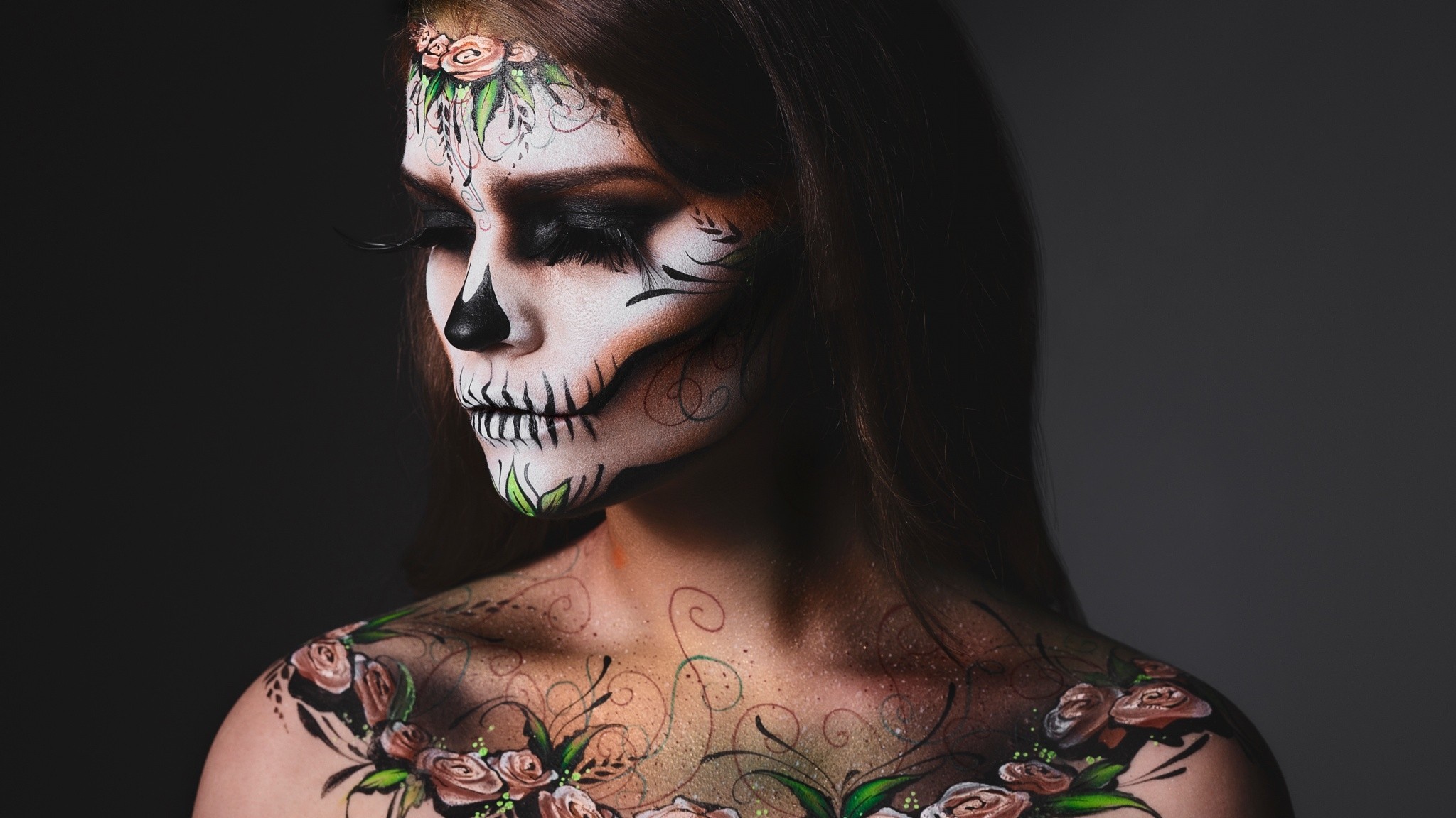 People 2048x1152 women makeup simple background portrait face body paint Dia de los Muertos