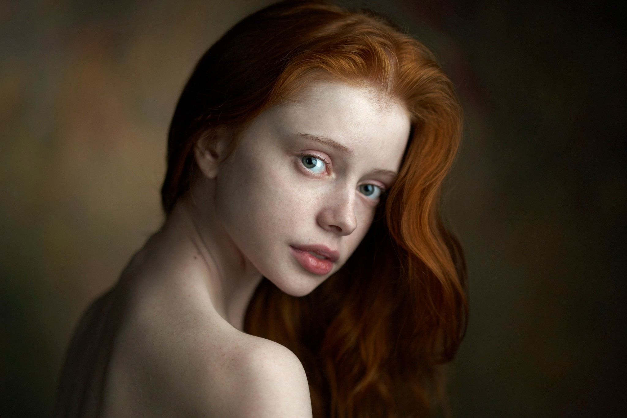 People 2048x1366 women face redhead pale green eyes Ekaterina Yasnogorodskaya looking at viewer portrait women indoors indoors simple background bare shoulders model long hair
