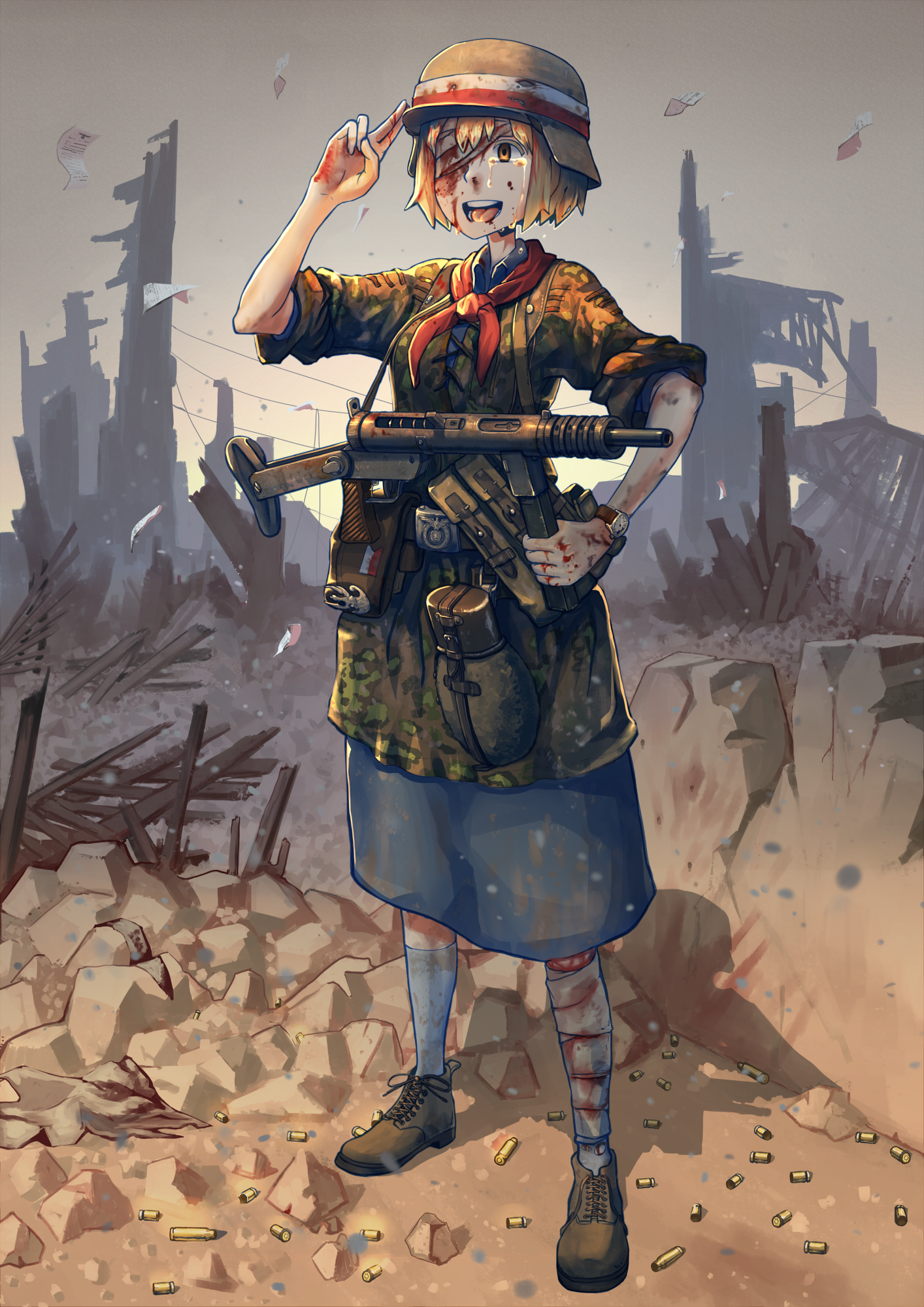 Anime 1414x2000 anime anime girls Polish Armed Forces soldier World War II blood short hair blonde uniform gun weapon
