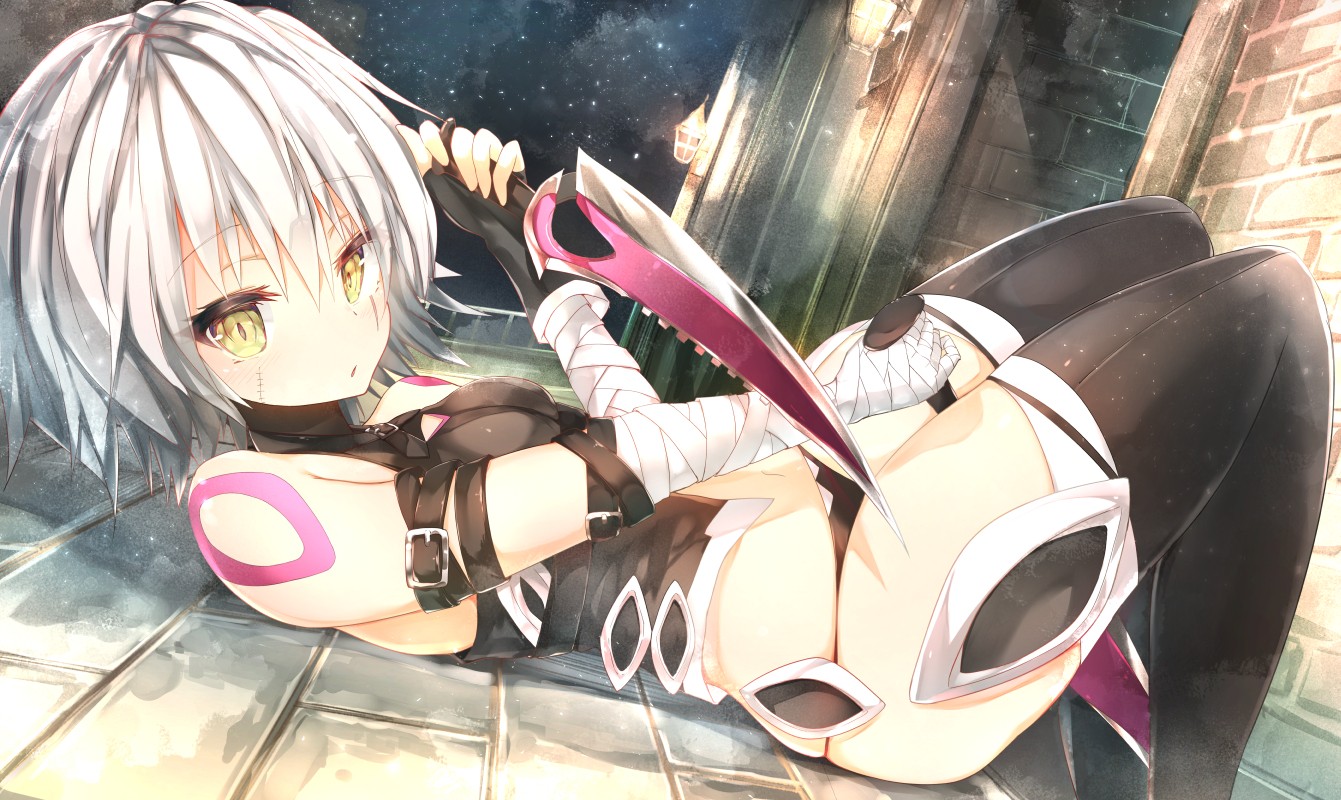 Anime 1341x800 armor bandages blushing gloves green eyes knife belly button night panties scars short hair sky stars thigh-highs underwear white hair weapon