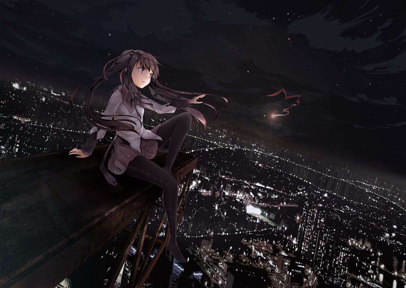 Anime 1407x1000 Homura Akemi Mahou Shoujo Madoka Magica anime girls cityscape sky night sitting anime dark hair