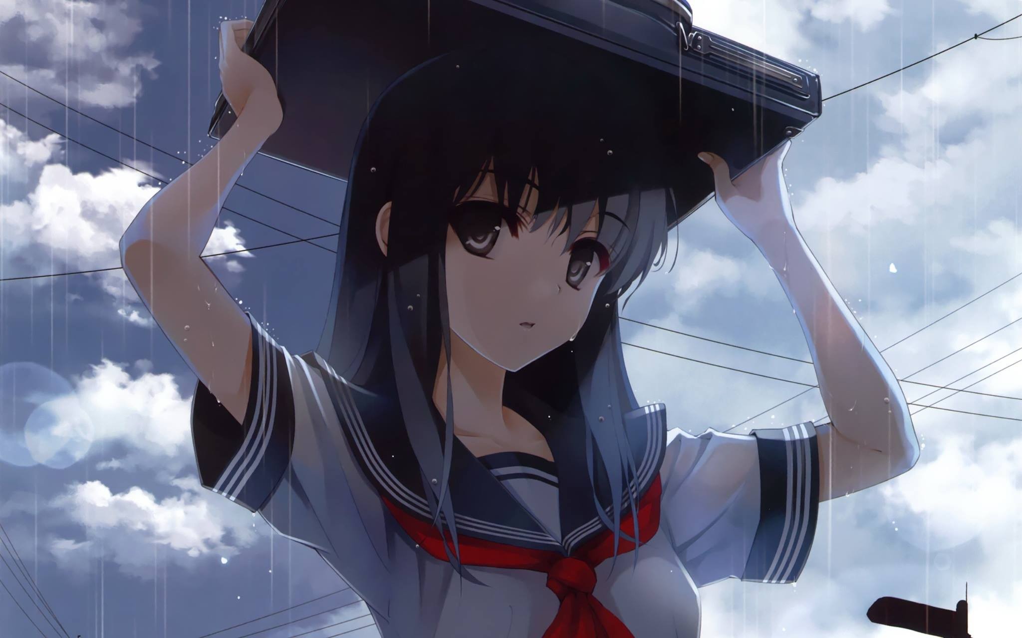 Anime 2048x1279 anime girls schoolgirl school uniform rain wet dark hair dark eyes cropped artwork Misaki Kurehito