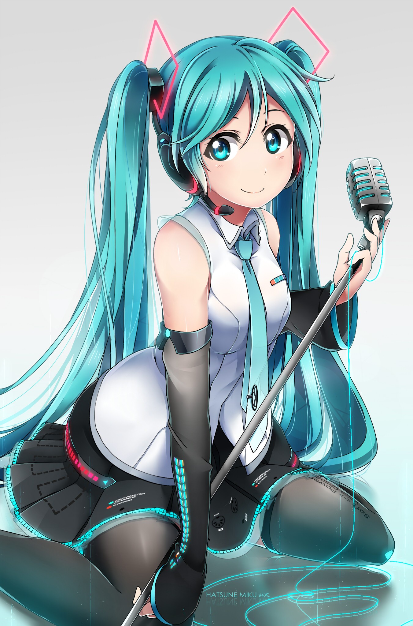 Anime 1351x2045 anime anime girls Vocaloid Hatsune Miku headphones microphone long hair twintails blue hair blue eyes skirt cyan hair cyan
