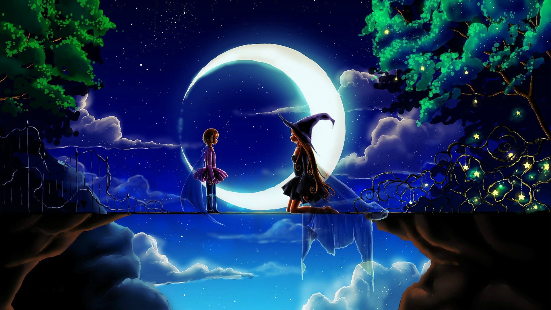 Anime 1920x1080 anime anime girls night sky stars Moon fantasy art