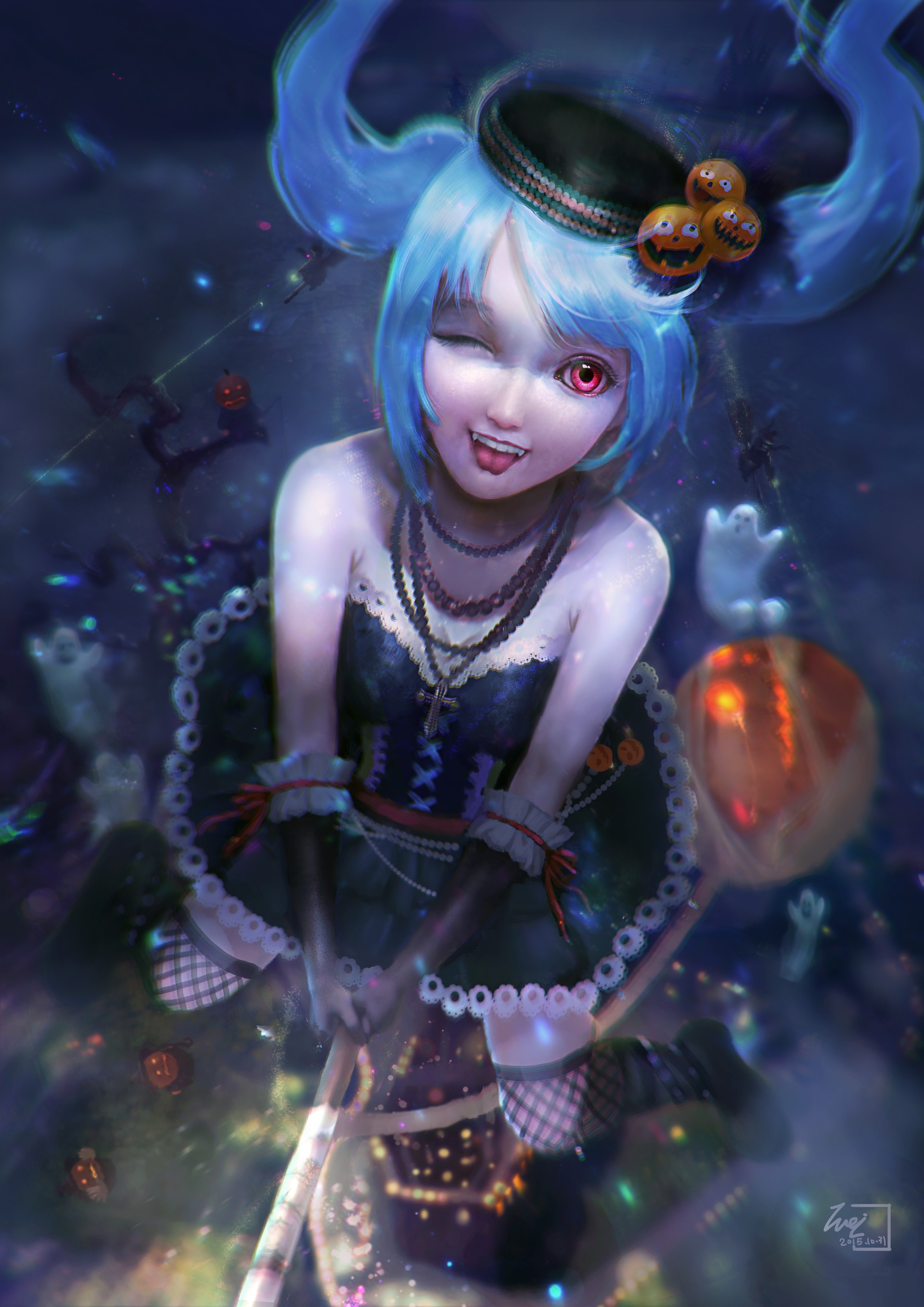 General 1920x2716 fantasy art witch anime girls anime red eyes tongue out blue hair 2015 (Year)