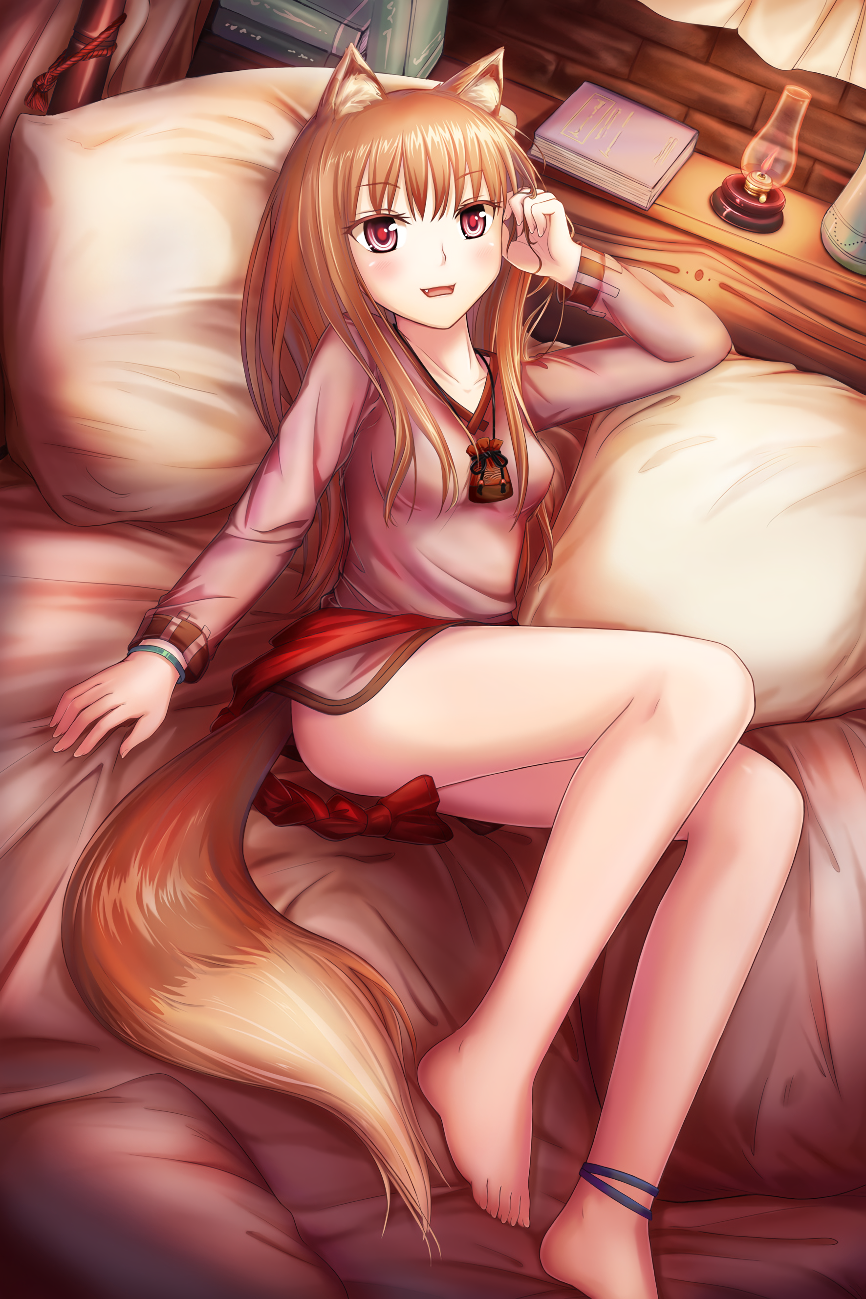 Anime 1772x2658 anime anime girls Holo (Spice and Wolf) Spice and Wolf feet tail animal ears brunette red eyes