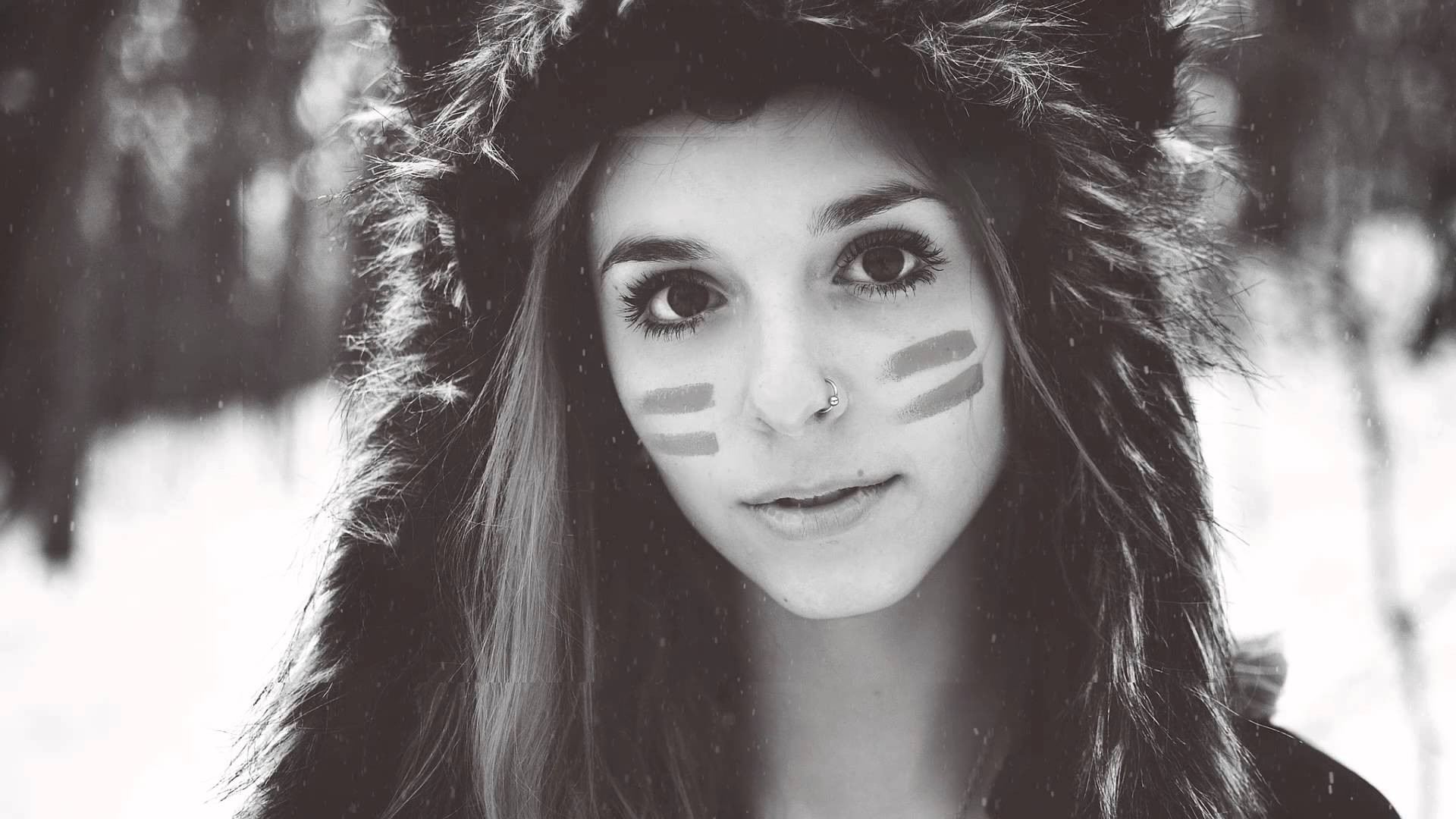 People 1920x1080 women winter face paint fluffy hat Fennek Suicide monochrome women outdoors snow looking at viewer face nose ring Suicide Girls cropped model