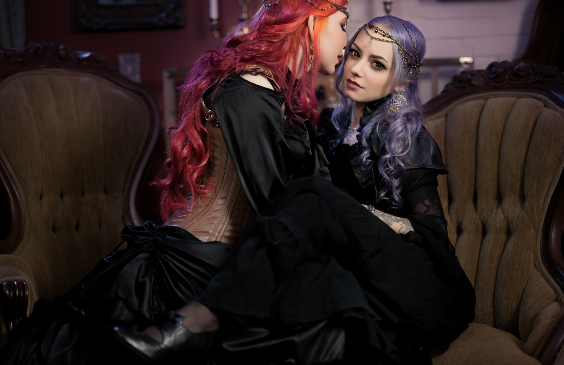 People 1800x1167 women lesbians ForbiddenRealm Genevieve two women redhead long hair purple hair women indoors indoors fantasy girl makeup model