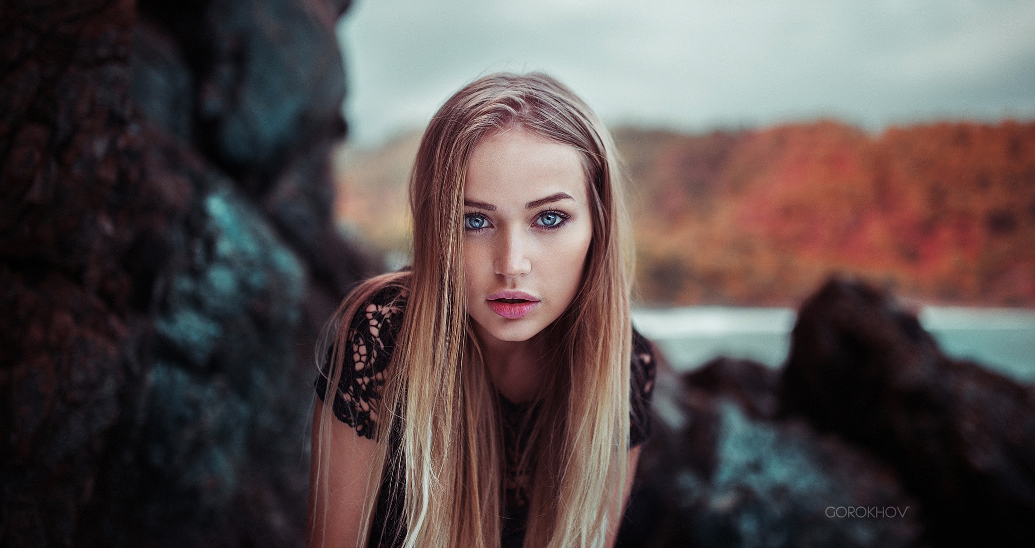 People 2048x1084 portrait face depth of field looking at viewer long hair women blonde Ivan Gorokhov Maria Puchnina straight hair open mouth blue eyes 500px