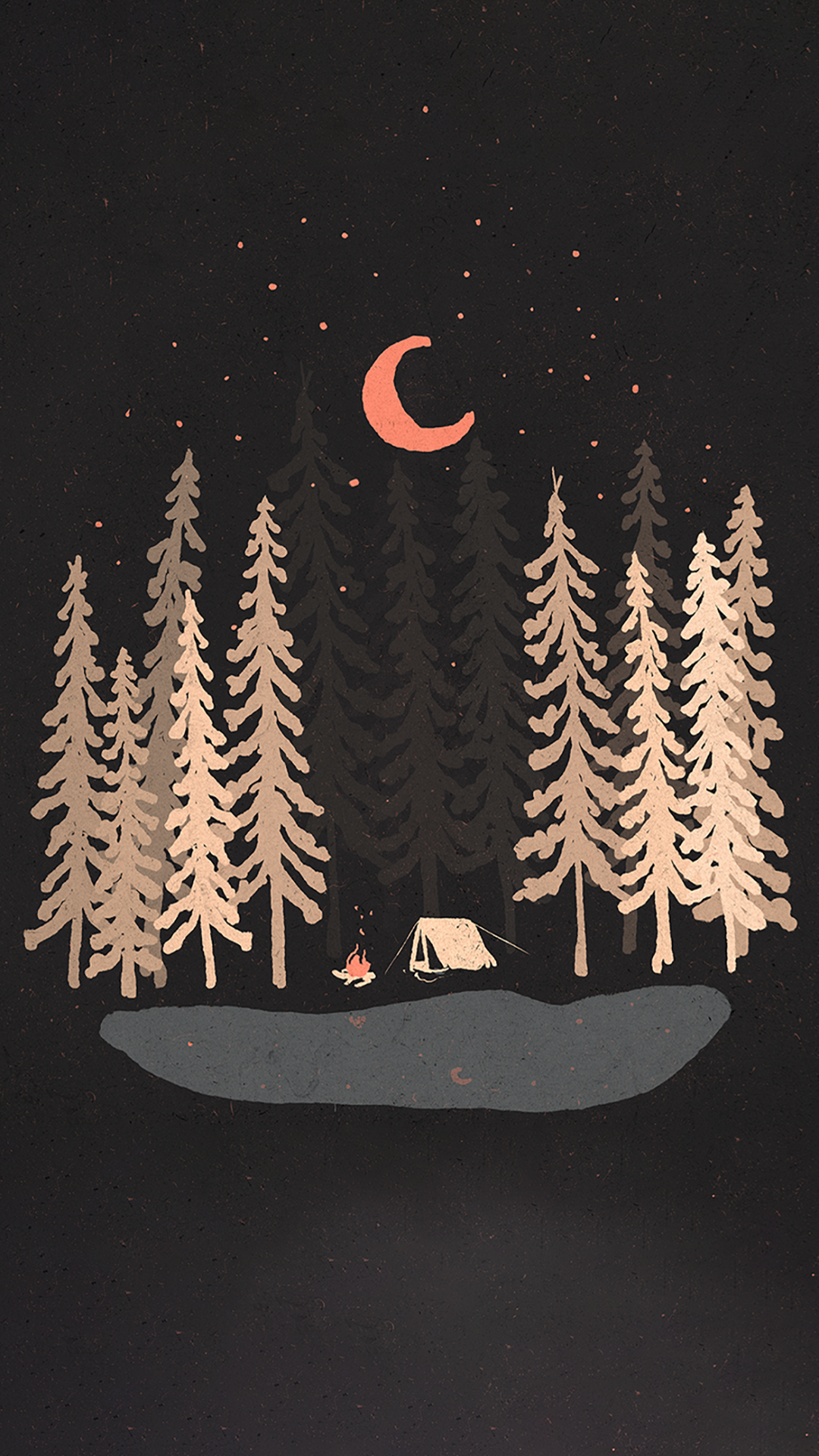 General 1080x1920 digital art portrait display nature trees forest camping water lake tent fire Moon stars night simple background