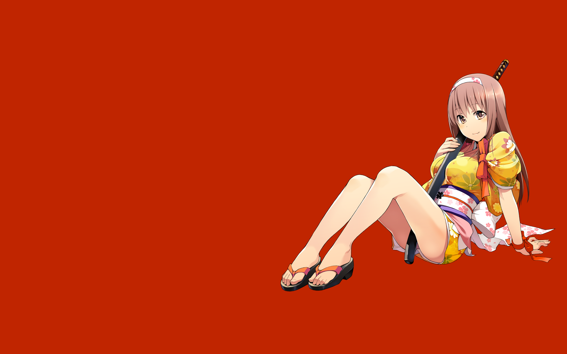Anime 1920x1200 anime anime girls Onigiri thighs legs simple background red background katana sword weapon women with swords yellow dress dress long hair