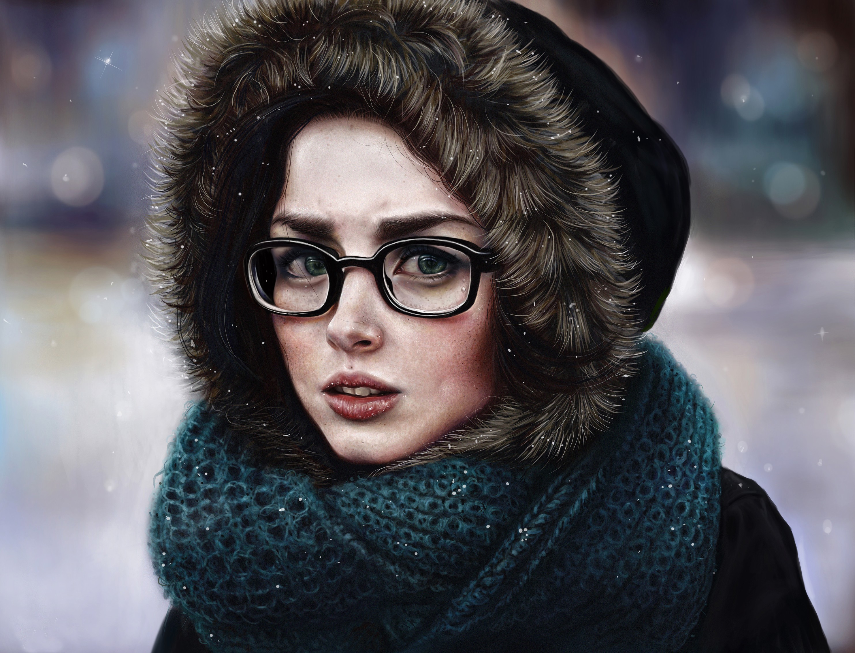 People 2966x2265 women with glasses artwork women portrait face hoods snow looking at viewer scarf