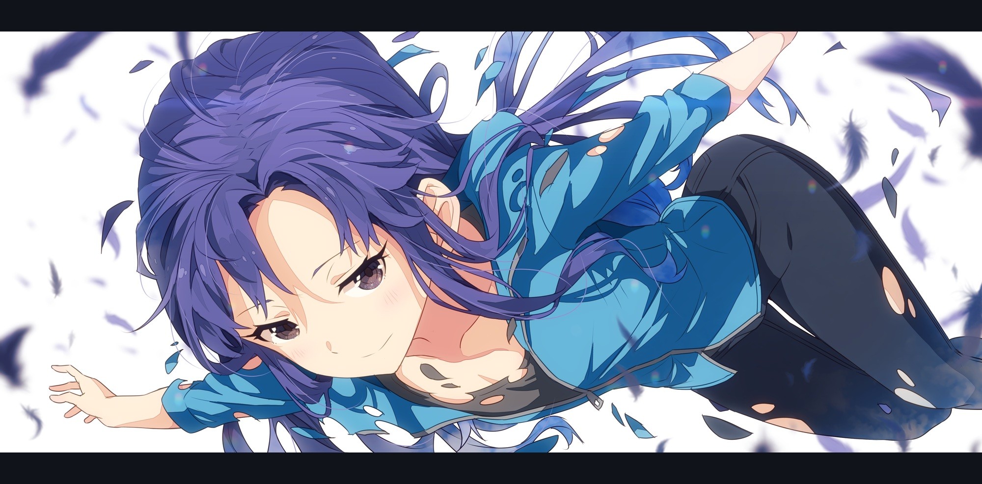 Anime 2000x987 Kisaragi Chihaya THE iDOLM@STER: Million Live! THE iDOLM@STER Narumi Arata anime girls feathers torn clothes jeans blue hair dark eyes anime women face purple hair white background