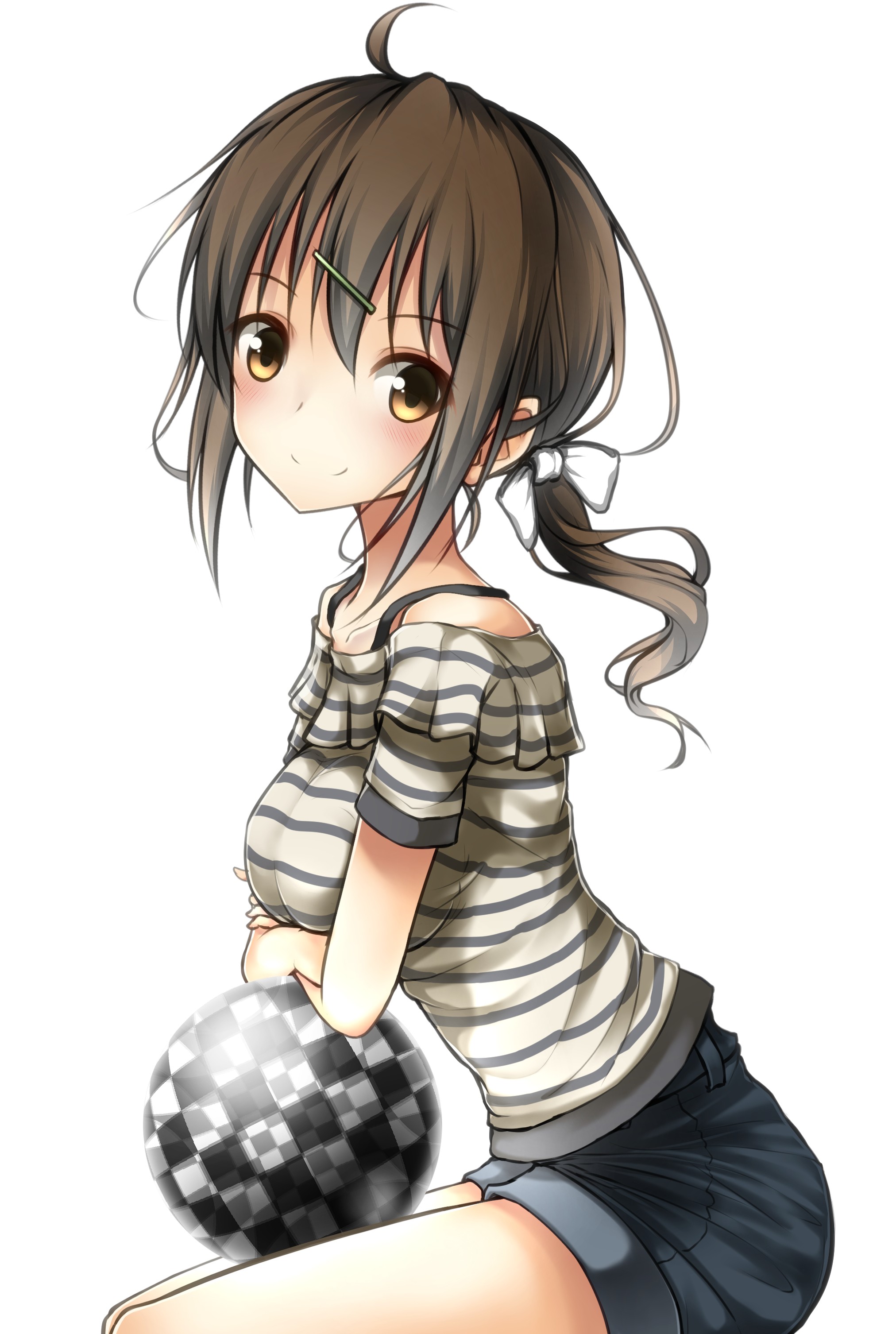 Anime 2024x3013 anime anime girls original characters brunette boobs disco balls white background simple background looking at viewer striped shirt striped clothing