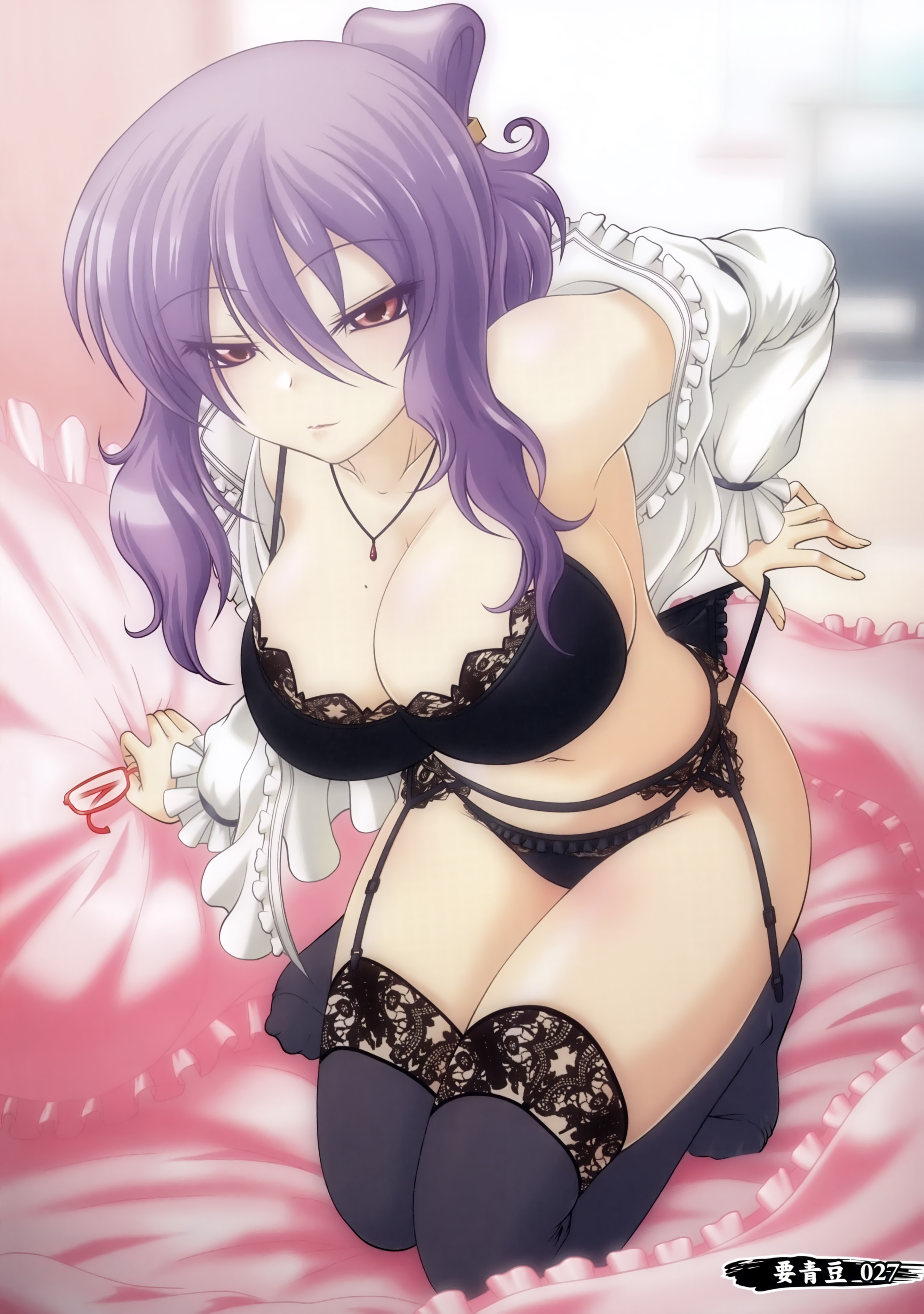 Anime 4963x7057 anime anime girls bra cleavage stockings Senran Kagura Suzune (Senran Kagura) Kaname Aomame purple hair lingerie open shirt kneeling boobs big boobs panties