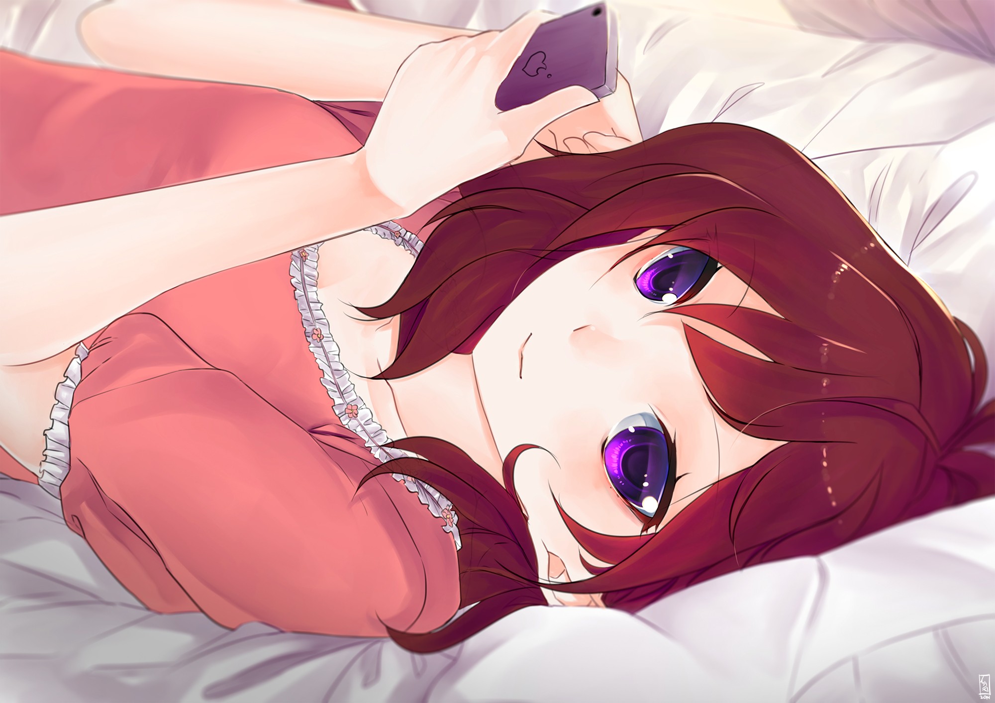 Anime 2000x1414 anime girls purple eyes redhead Love Live! Nishikino Maki anime face lying down smartphone