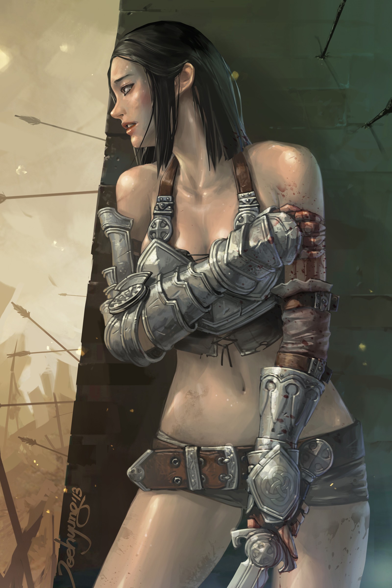 General 1600x2400 fantasy art fantasy girl armor dark hair knight women blood belly fantasy armor ArtStation JeeHyung lee bikini armor brunette