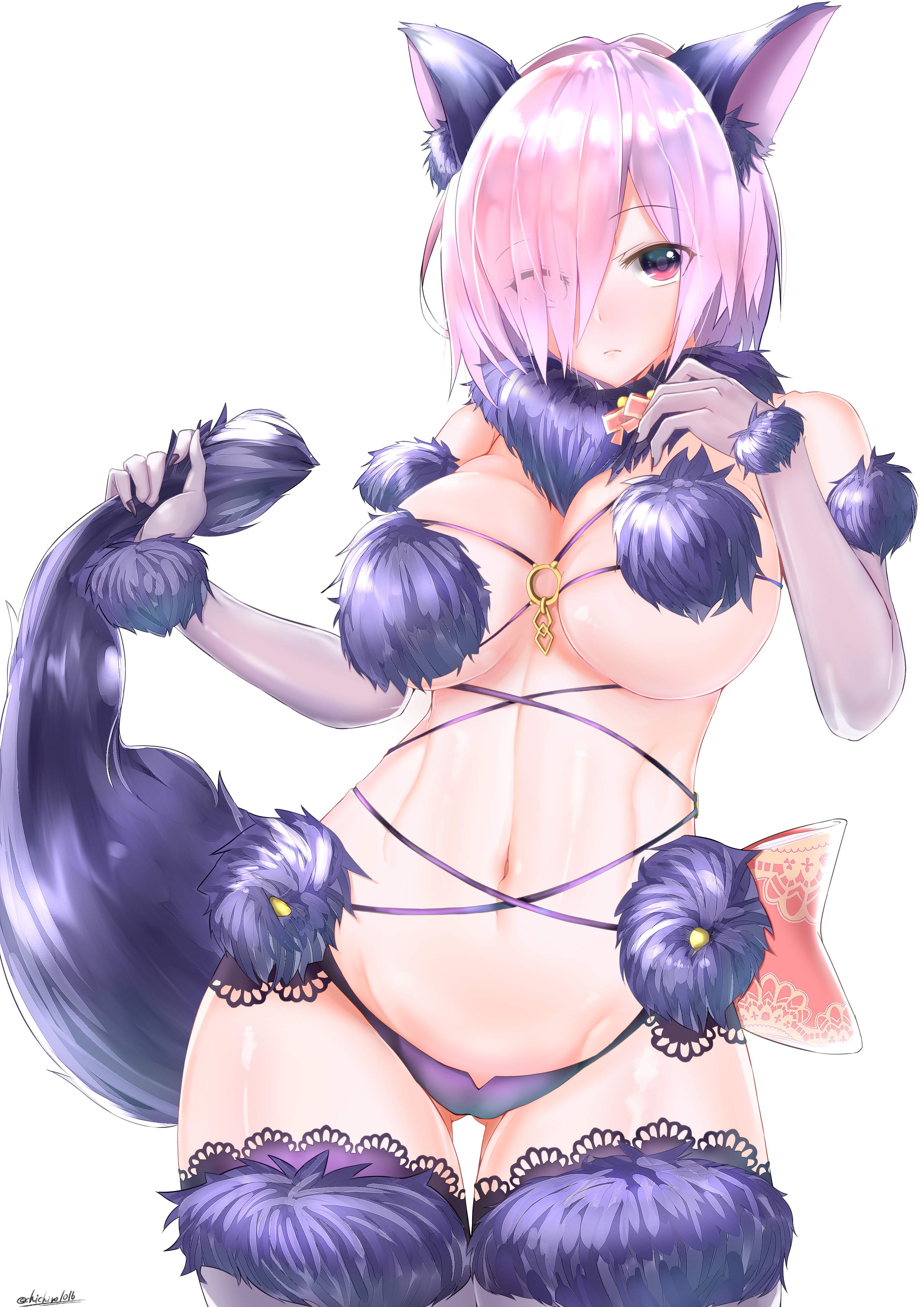 Anime 2900x4100 cleavage white background simple background animal ears Fate/Grand Order Mash Kyrielight tail thigh-highs short hair boobs Fate series anime girls