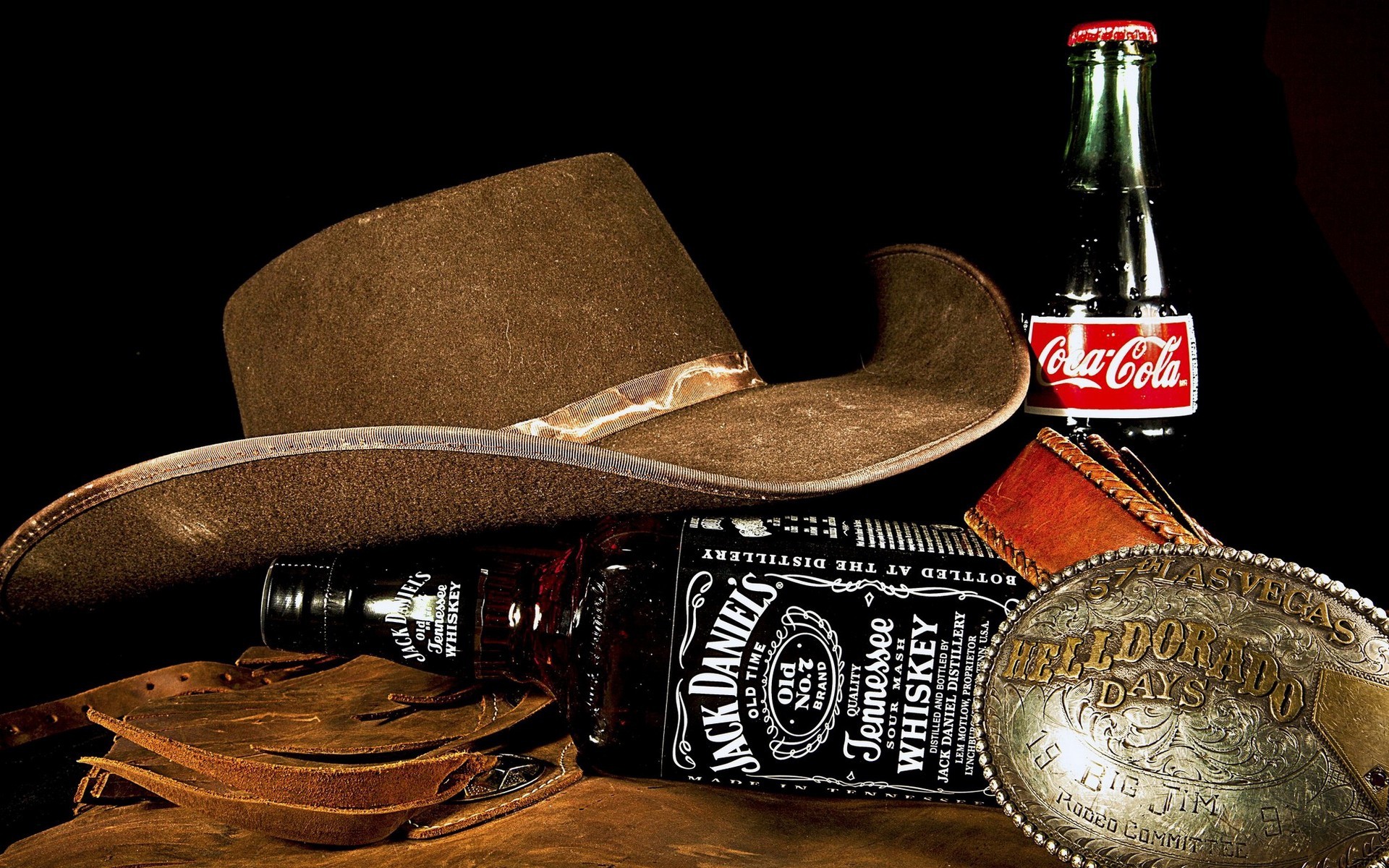 General 1920x1200 drink Jack Daniel's Coca-Cola cowboy hats black background simple background brand hat bottles logo