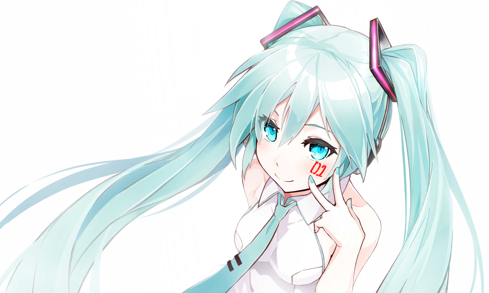 Anime 2000x1200 manga Vocaloid cyan simple background tie anime girls anime cyan hair white background aqua eyes cyan nails painted nails smiling face closeup long hair looking at viewer