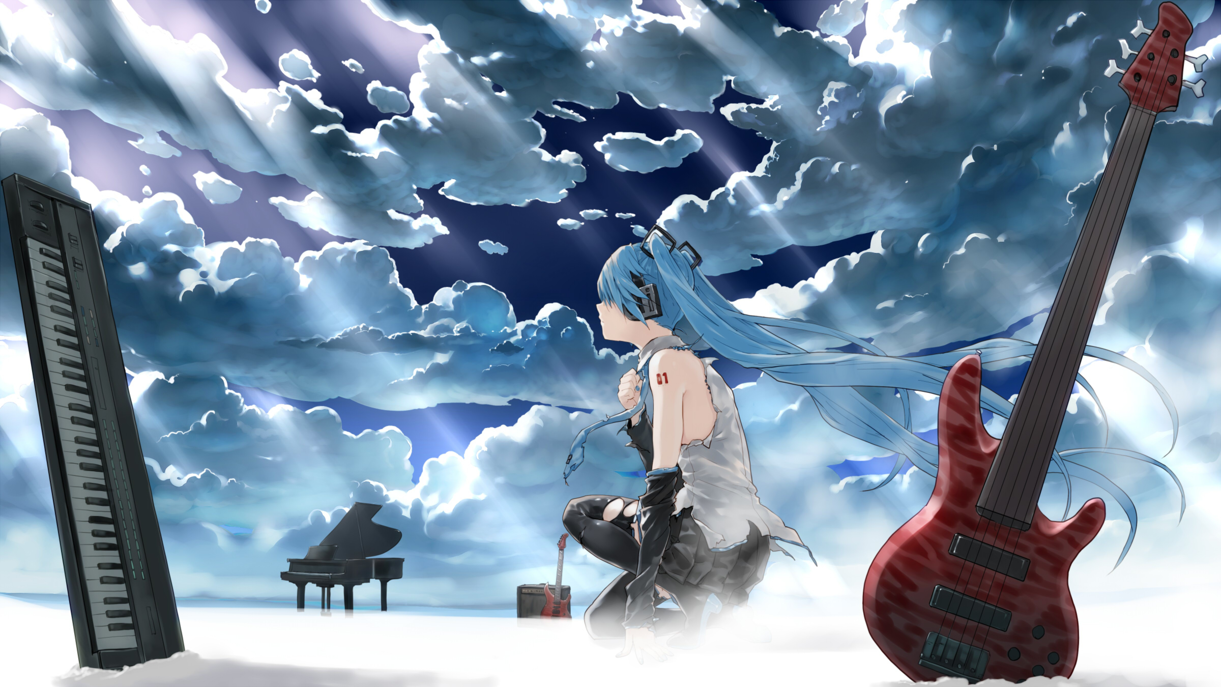 Anime 2400x1350 Hatsune Miku Vocaloid anime musical instrument guitar anime girls blue hair piano sky