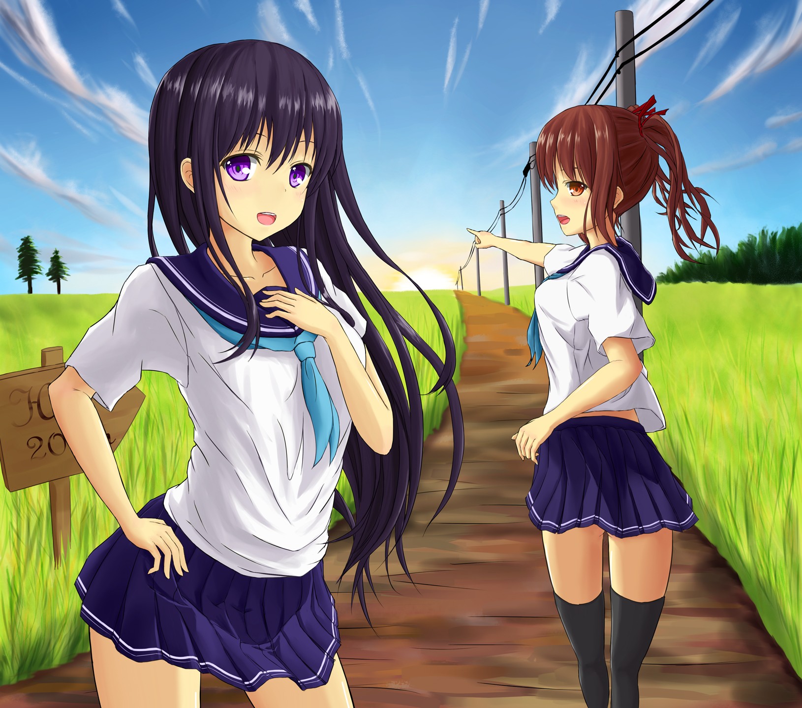 Anime 1630x1440 anime anime girls landscape long hair looking at viewer Pixiv two women skirt dark hair sign open mouth purple skirt stockings women outdoors