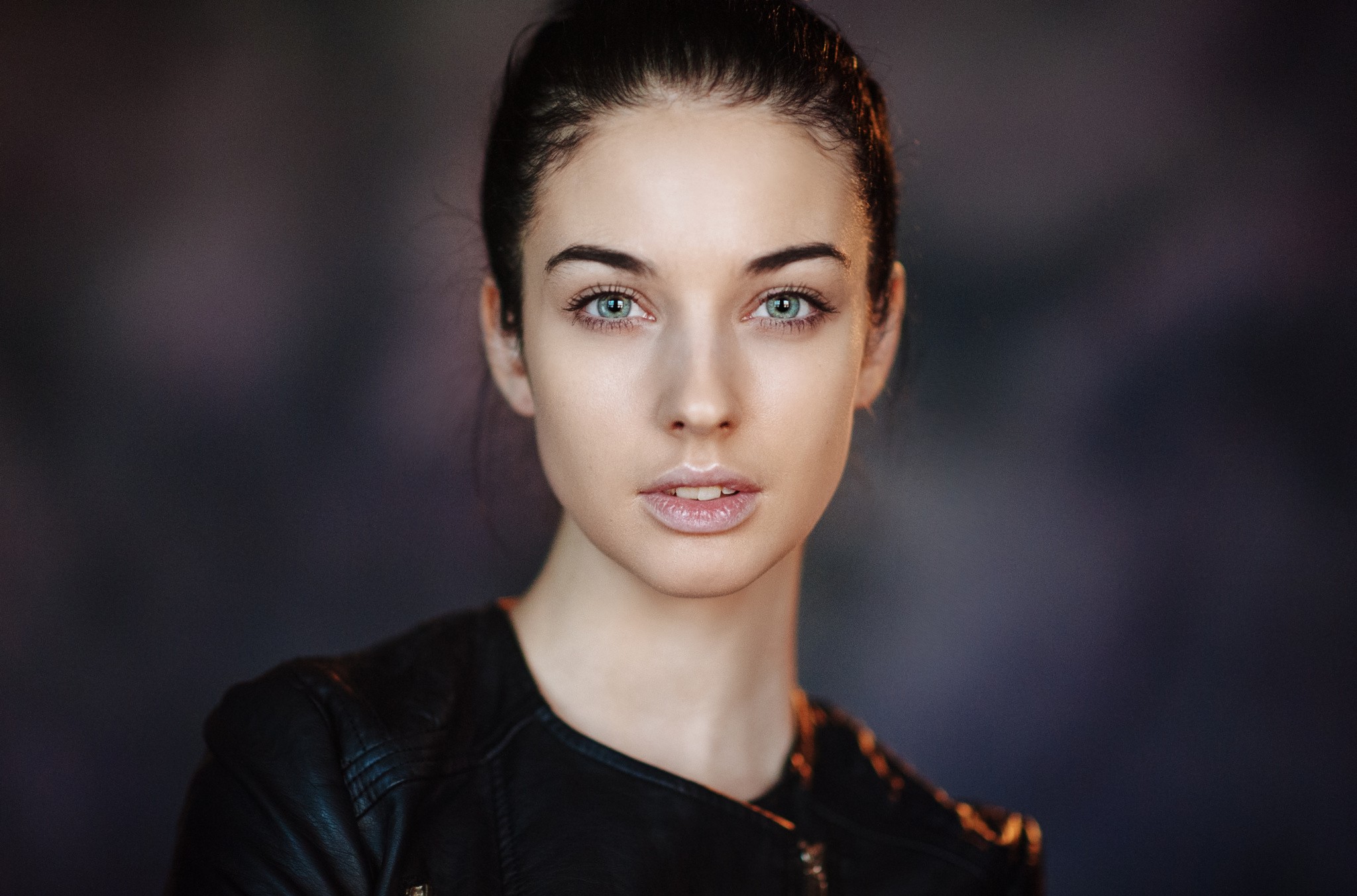 People 2048x1353 Alla Berger women model face portrait Maxim Maximov leather jacket black jackets closeup simple background looking at viewer black clothing brunette