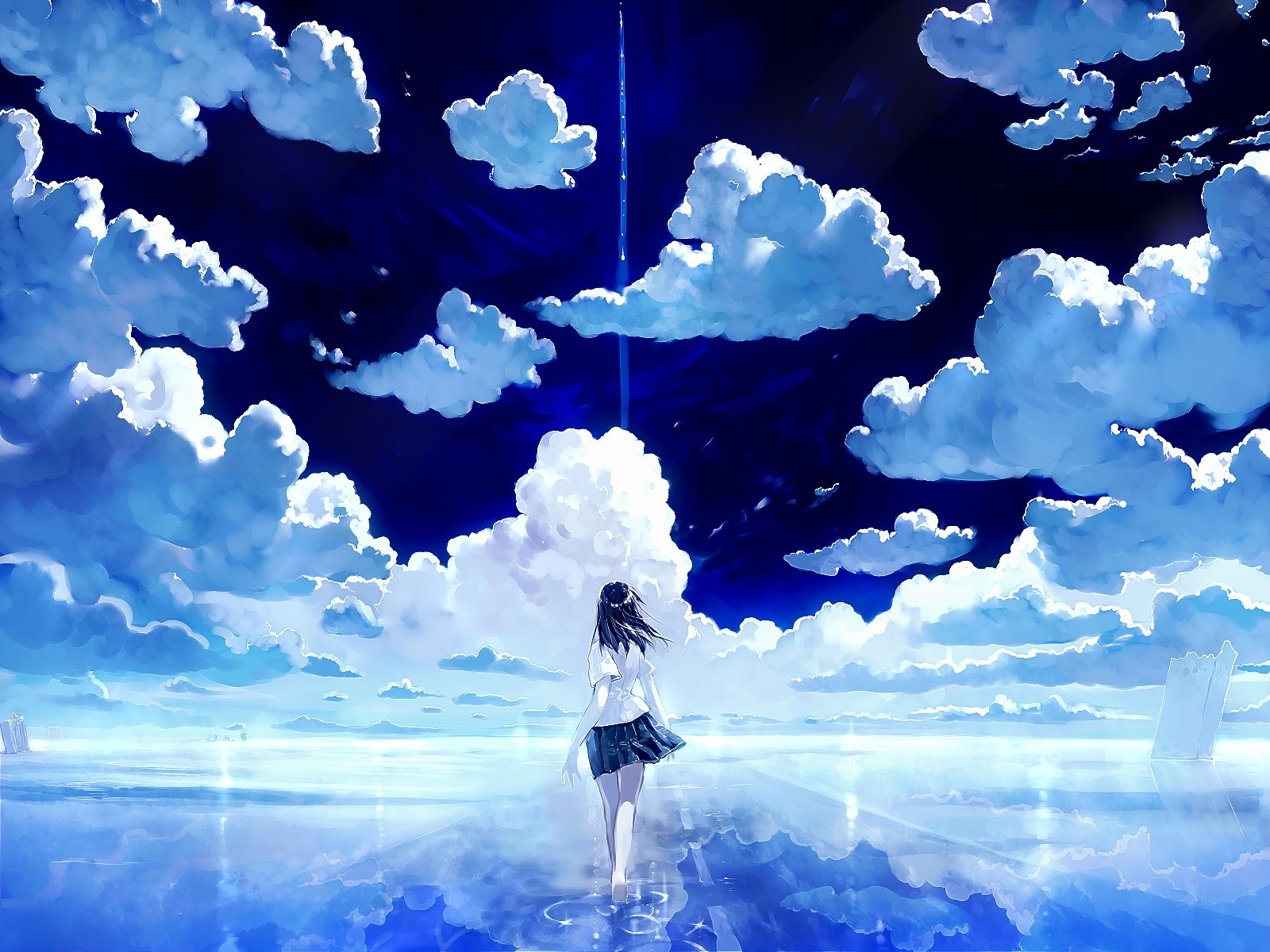 Anime 1600x1200 anime anime girls original characters sky clouds road Pixiv walking skirt dark hair women outdoors