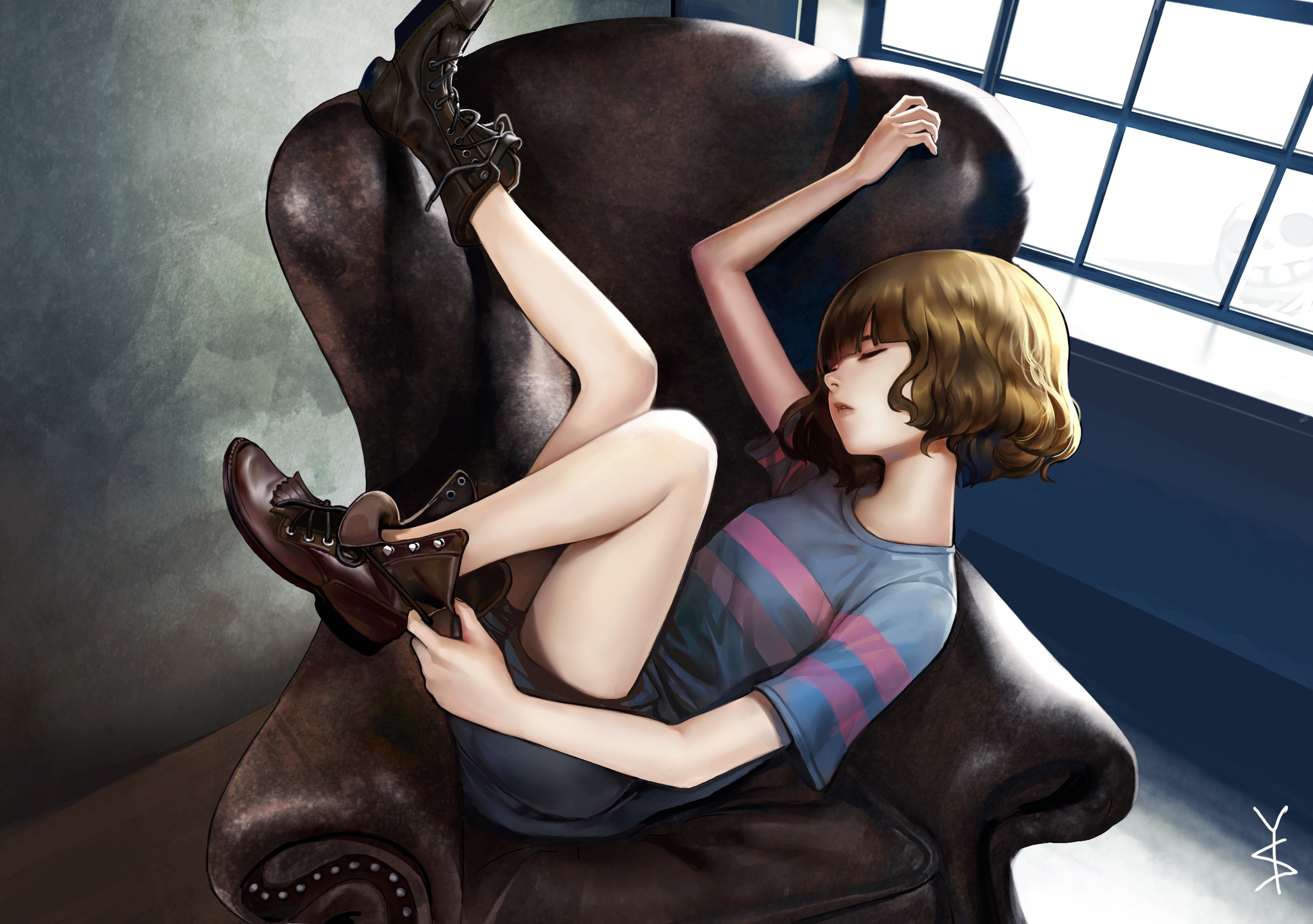 Anime 2953x2079 anime anime girls Undertale Frisk boots shirt shorts laced boots shoulder length hair thighs legs closed eyes Pixiv women indoors