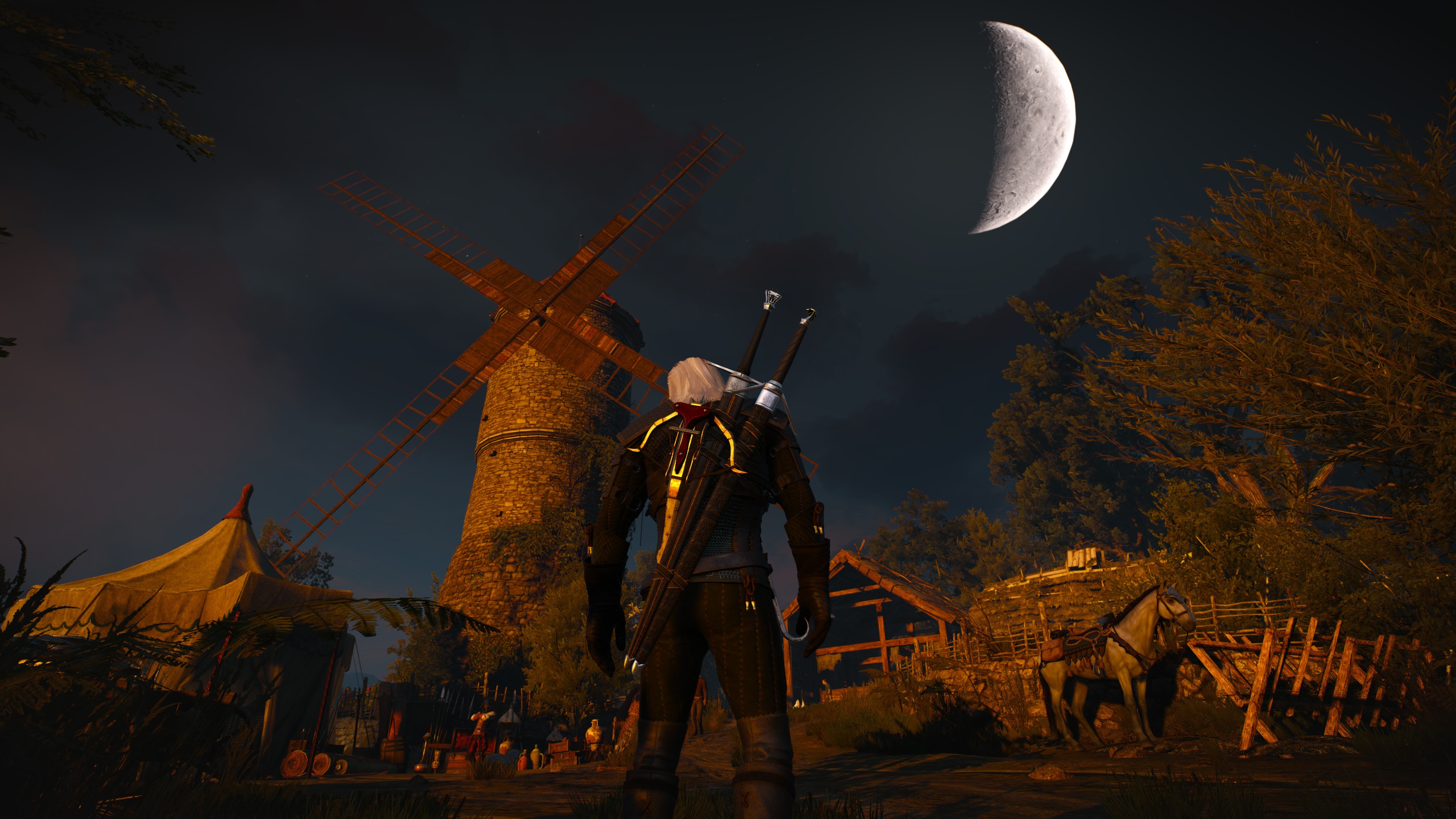 General 3840x2160 video games looking into the distance screen shot The Witcher 3: Wild Hunt Moon RPG PC gaming windmill