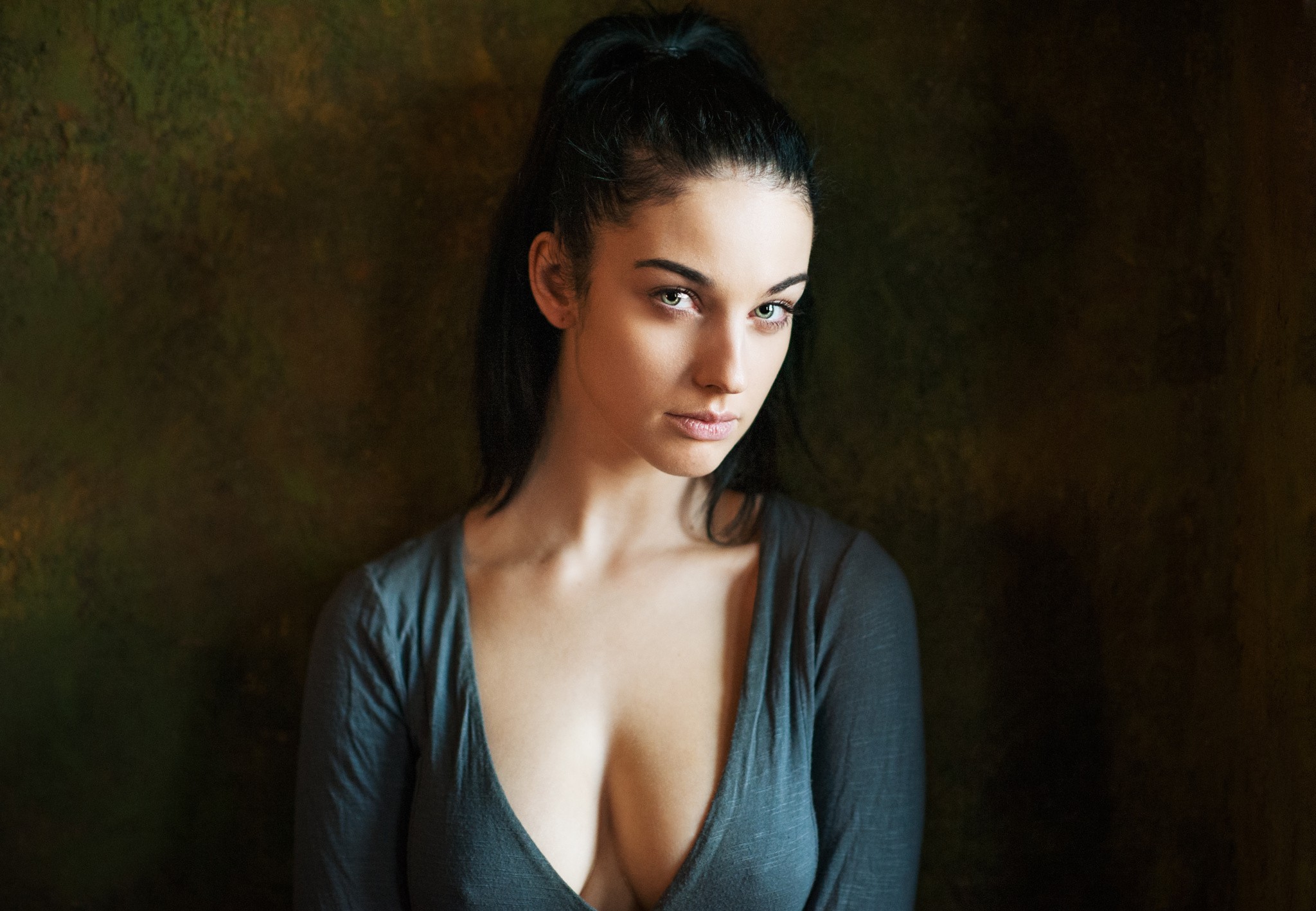 People 2048x1418 Alla Berger face women model portrait Maxim Maximov cleavage no bra green eyes women indoors indoors boobs black hair looking at viewer