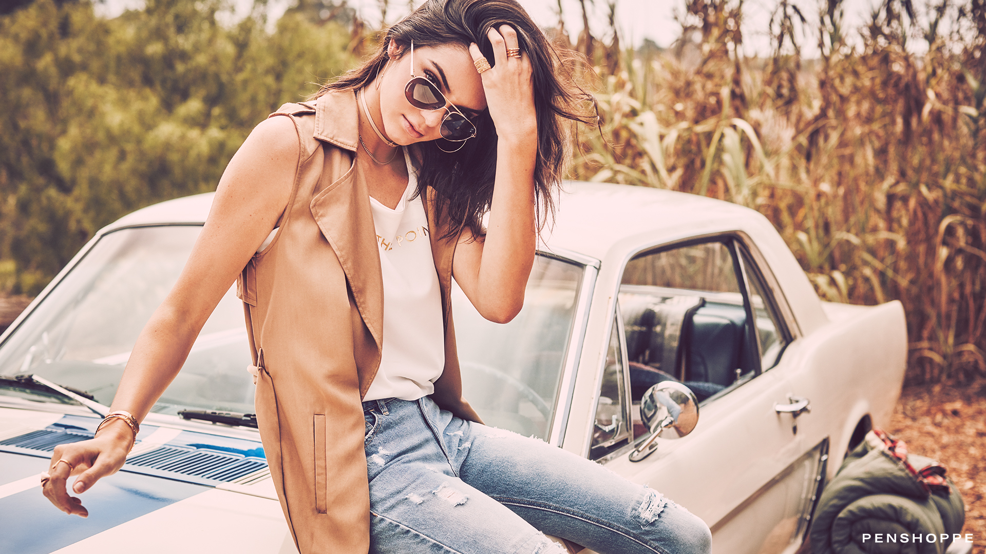 People 1920x1080 Kendall Jenner model women women with cars glasses women with glasses Penshoppe touching hair Ford Ford Mustang muscle cars American cars car American women