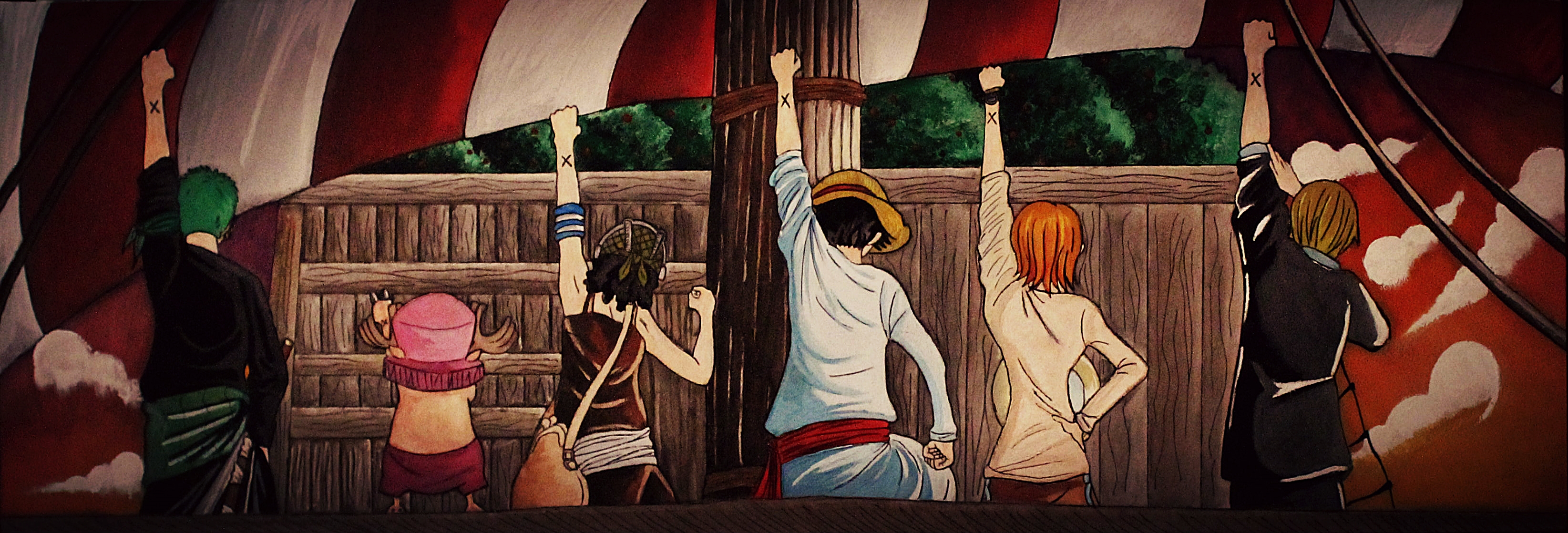 Anime 3289x1118 anime One Piece back fist arms up
