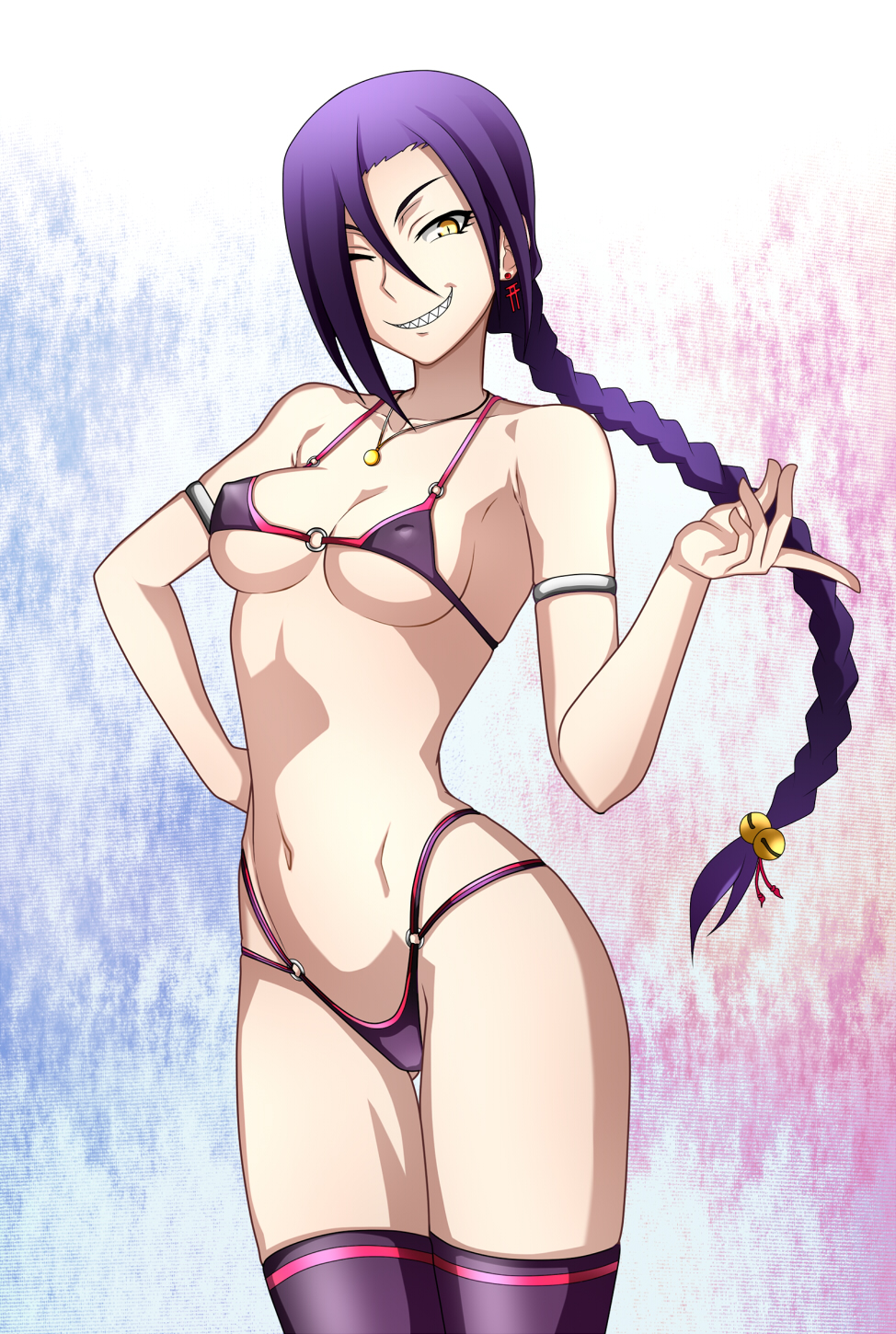 Anime 974x1450 Magane Chikujōin Re:CREATORS anime girls bikini cleavage thigh-highs yellow eyes purple hair