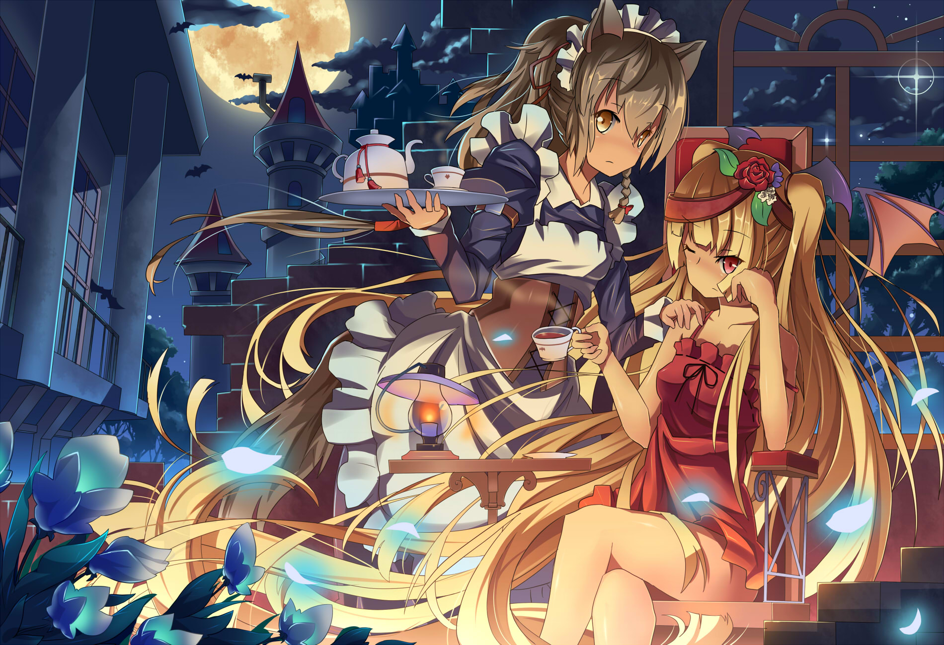 Anime 1900x1298 anime anime girls brunette blonde long hair brown eyes red eyes hair ornament maid outfit cup night Moon animal ears wings Bunanoha