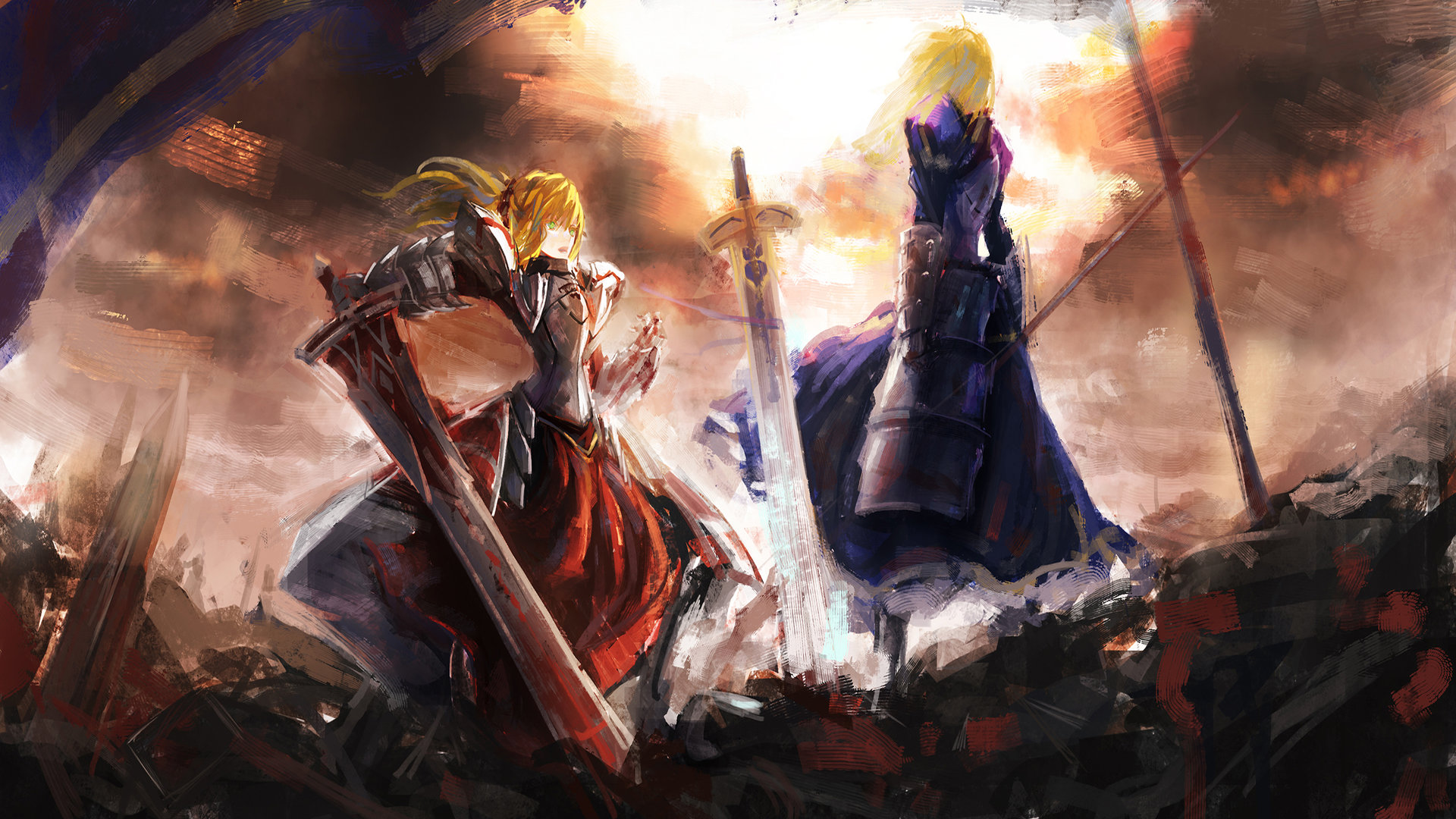 Anime 1920x1080 Fate series Fate/Apocrypha  anime girls Mordred (Fate/Apocrypha) Fate/Stay Night Saber Artoria Pendragon armor sword blonde