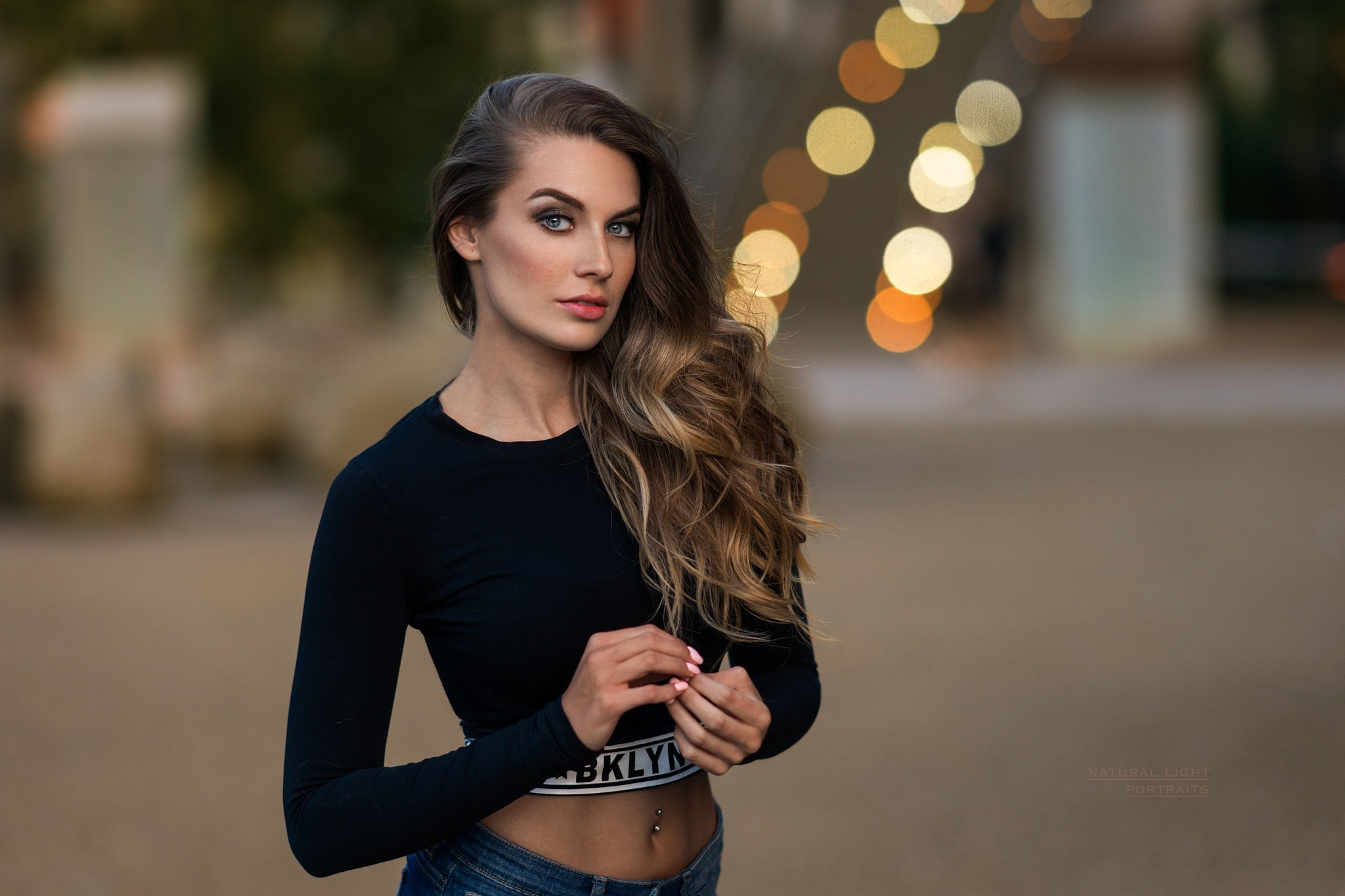 People 2048x1365 women portrait depth of field blonde women outdoors Lucie Syrohova crop top pierced navel pink nails looking at viewer