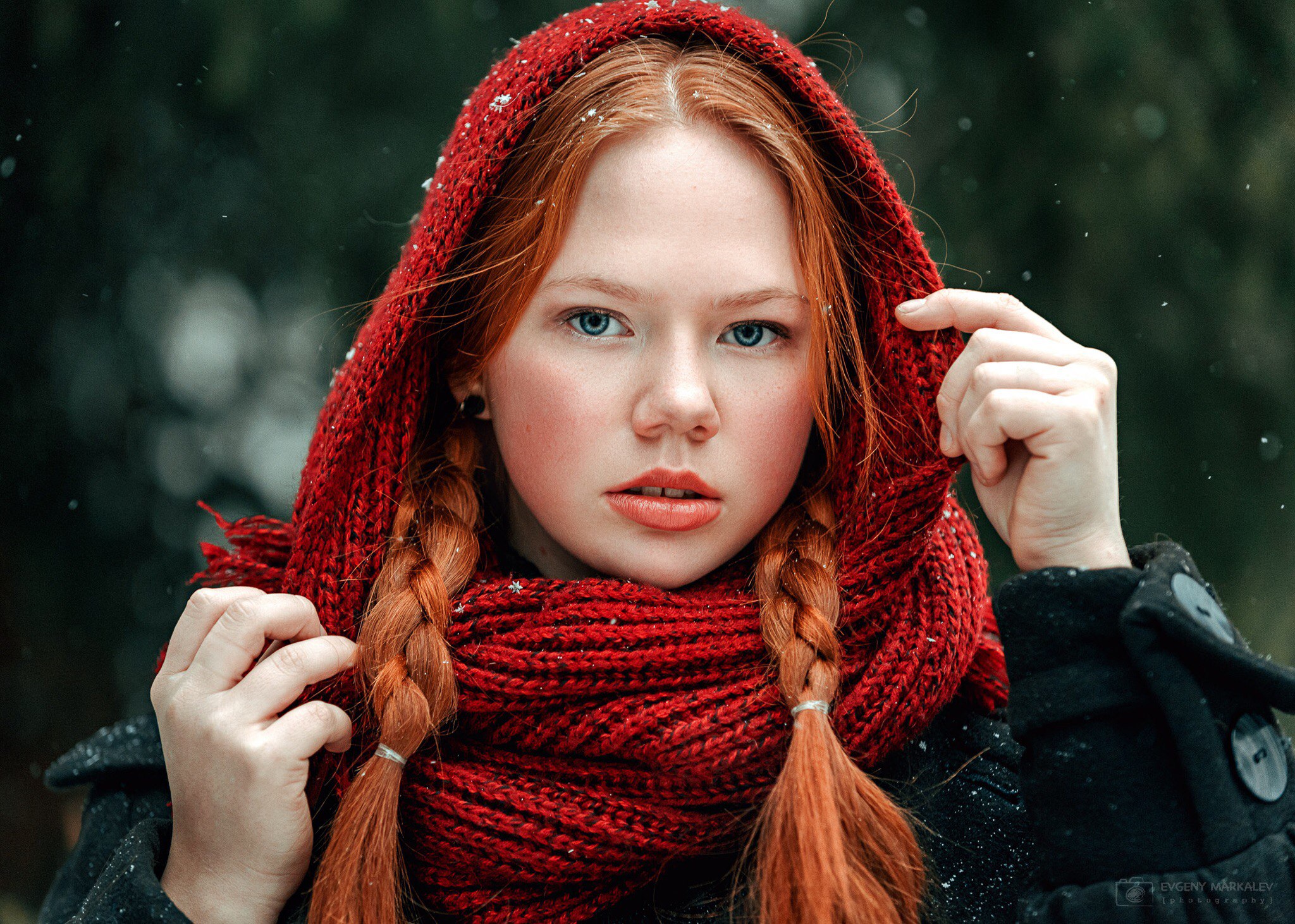 People 2048x1462 women redhead face women outdoors scarf braids blue eyes Evgeny Markalev Russian women Angelina Korovinskaya closeup