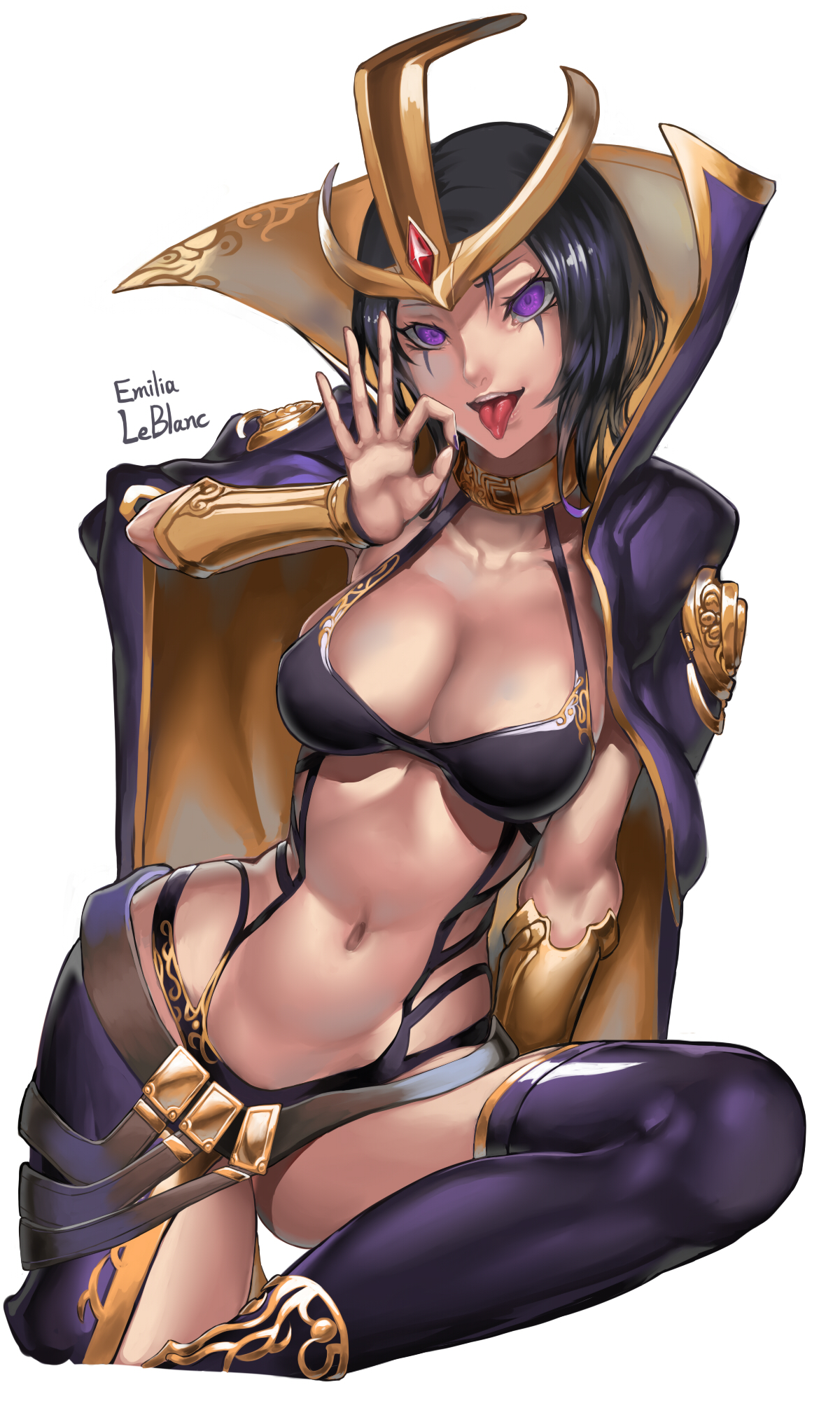 Anime 1200x2000 LeBlanc (League of Legends) League of Legends purple eyes thigh-highs cleavage white background