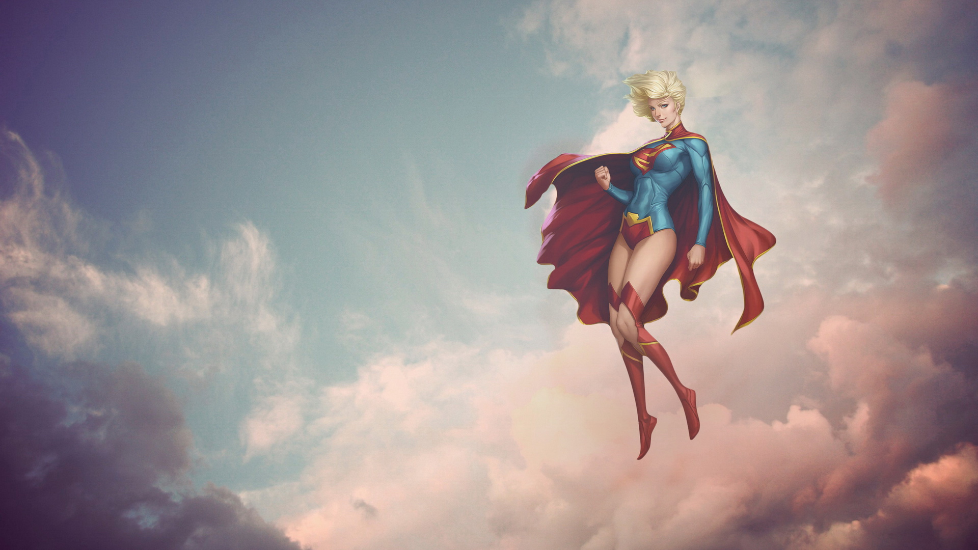 General 1920x1080 women fantasy art sky clouds blonde cape superhero DC Comics superheroines Artgerm Supergirl digital art