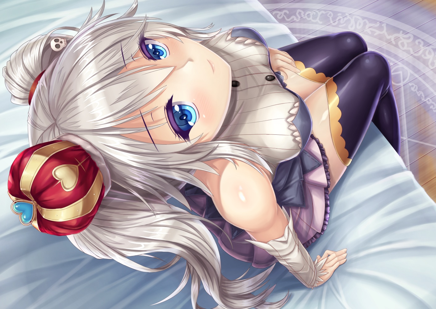 Anime 1412x1000 aqua eyes blushing boobs long hair skirt silver hair thigh-highs