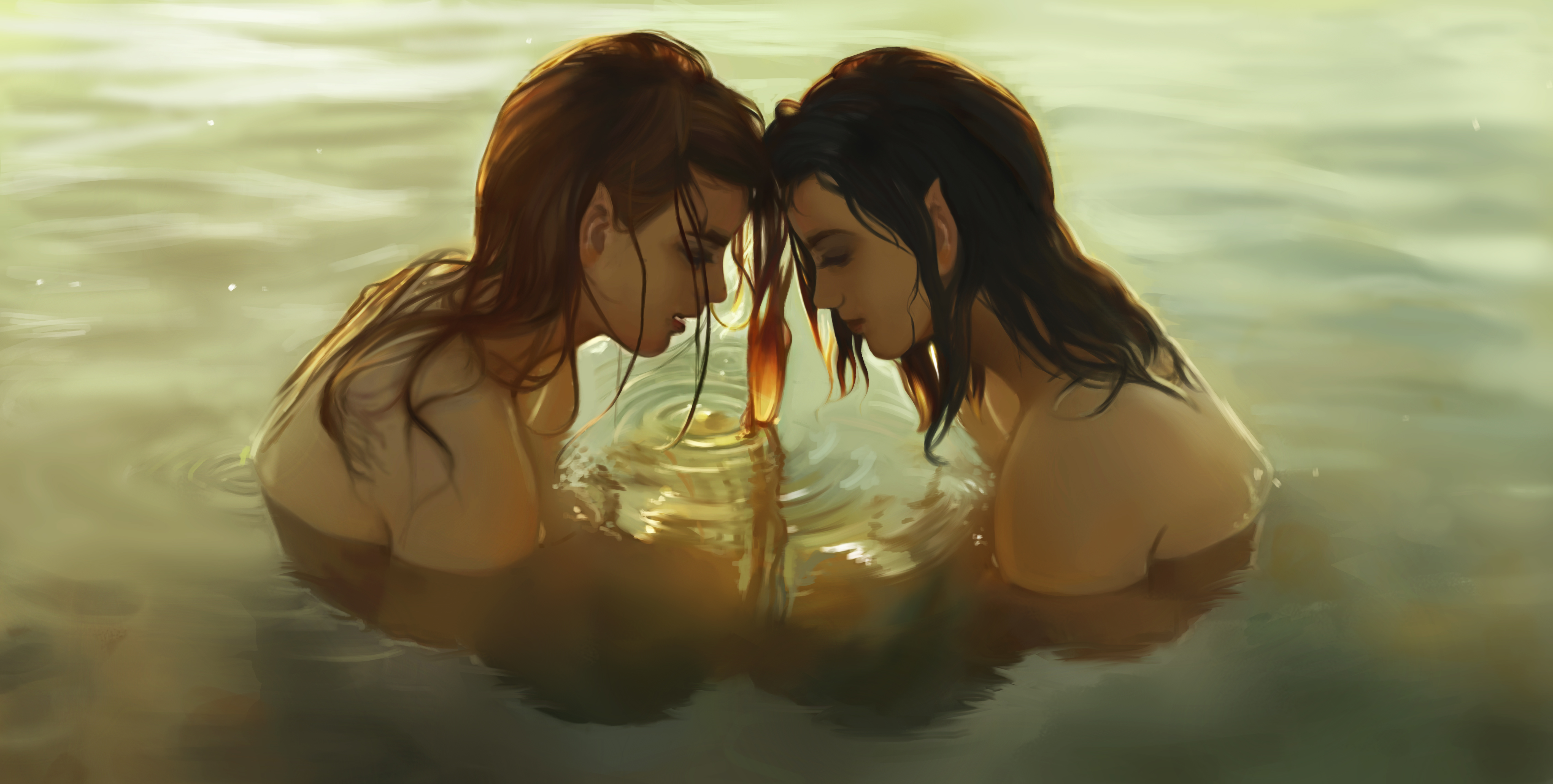 General 5637x2847 fantasy art bath topless wet body water fantasy girl artwork elves love