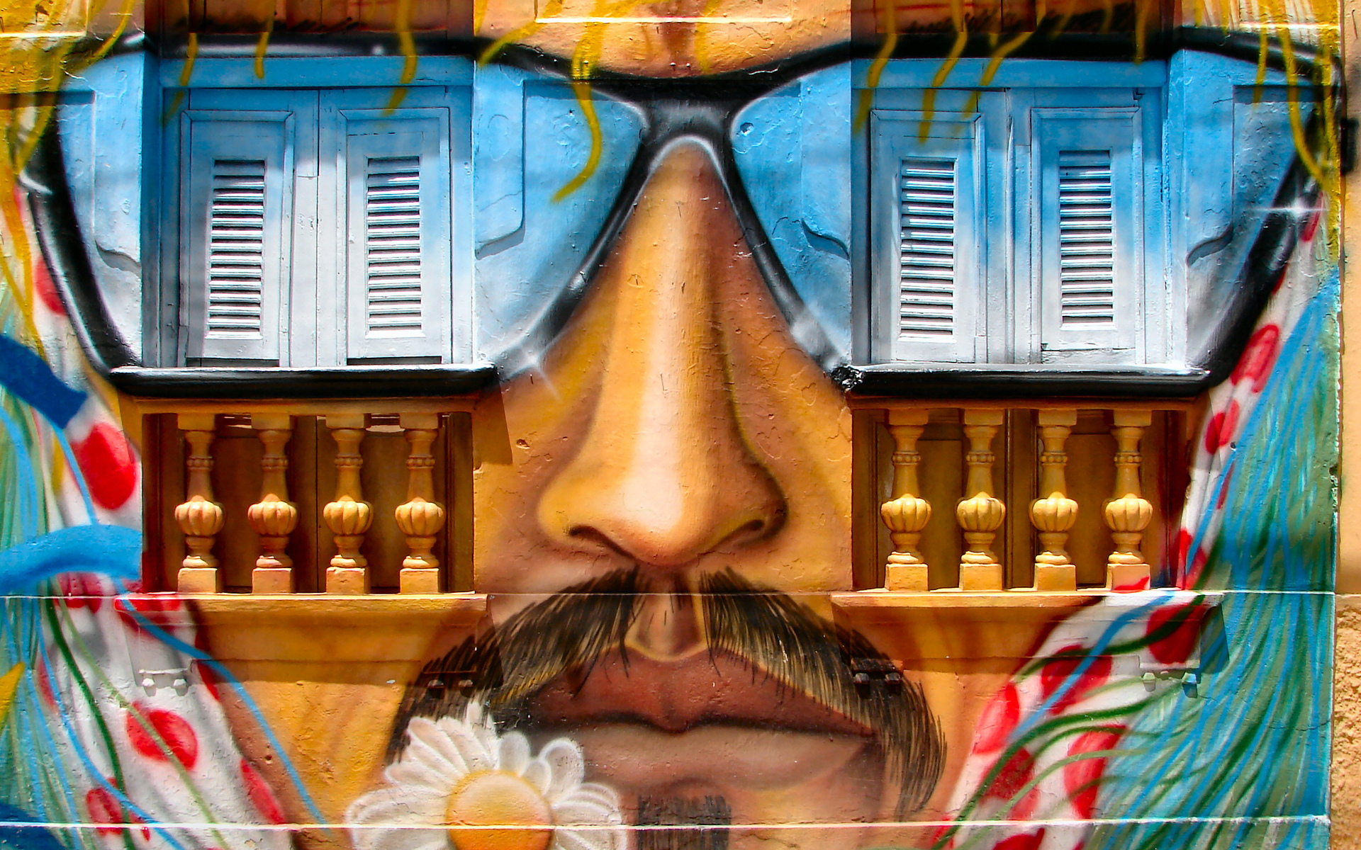 General 1920x1200 house graffiti men nose moustache flowers window cyan digital art dr. disrespect