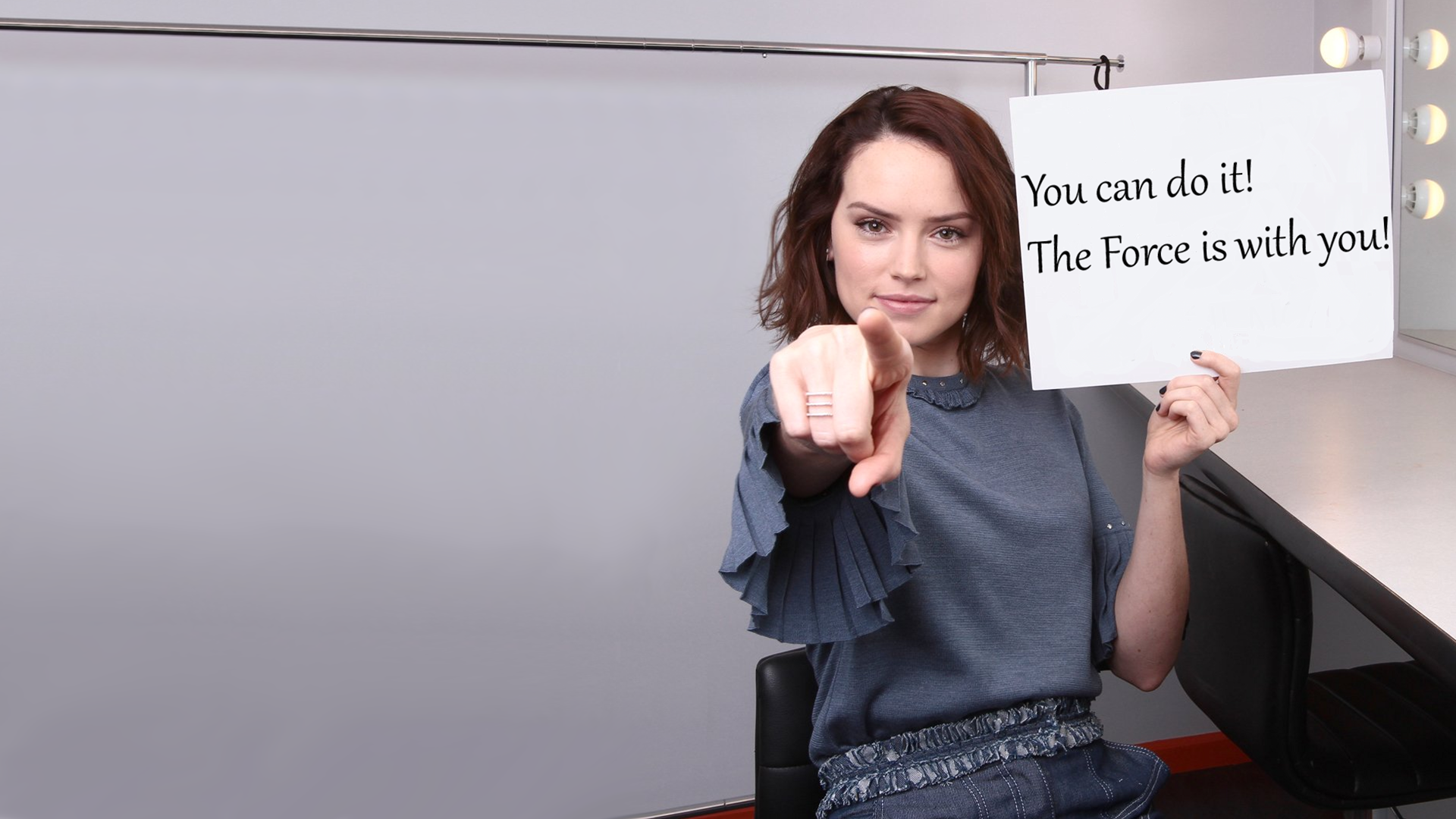 People 1920x1080 Star Wars Daisy Ridley motivational women Rey (Star Wars) fingers finger pointing brunette short hair closed mouth looking at viewer sitting women indoors text black nails painted nails