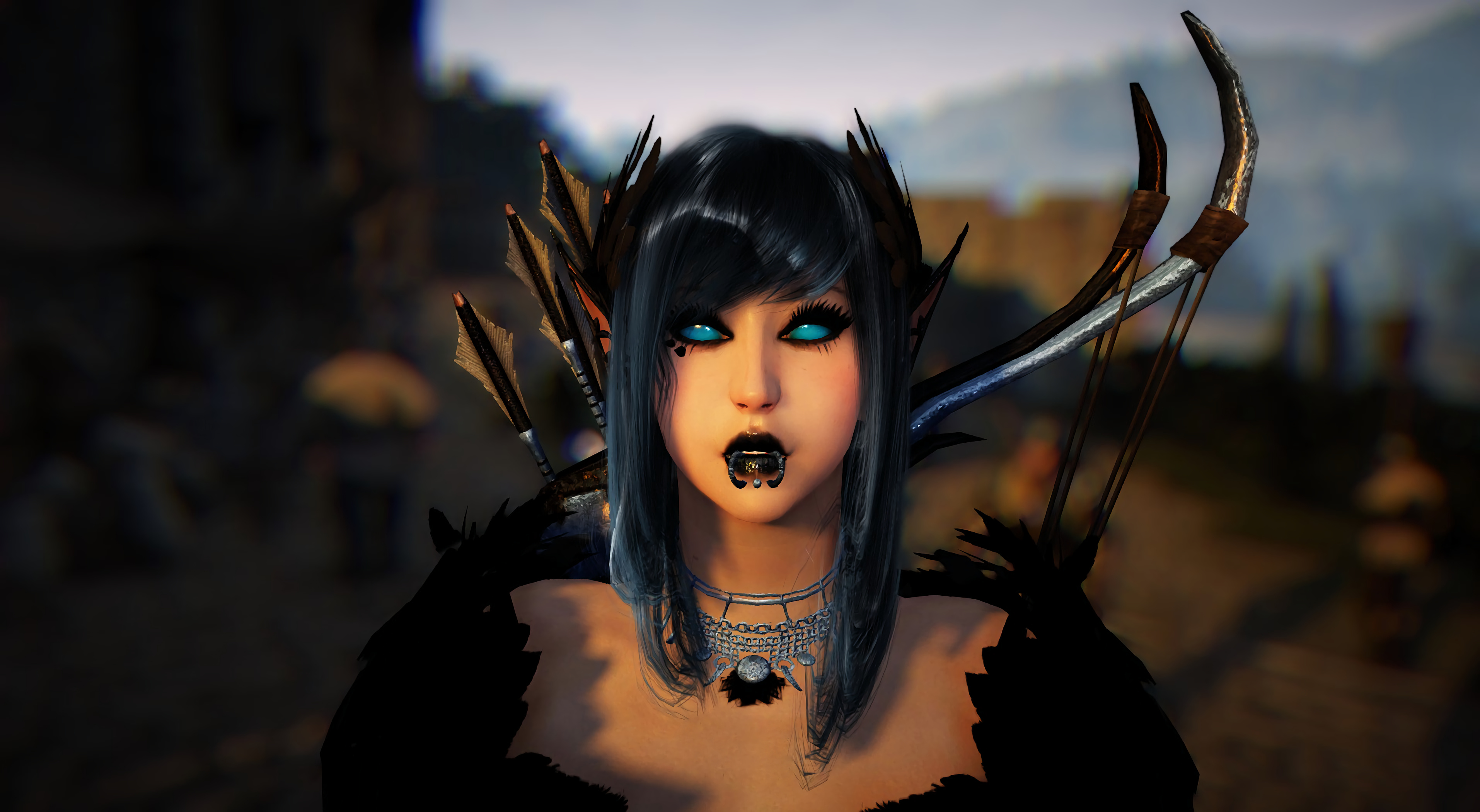 General 3828x2102 Black Desert Online MMORPG blue eyes bow lipstick piercing pierced lip depth of field eyelashes bow and arrow feathers video games