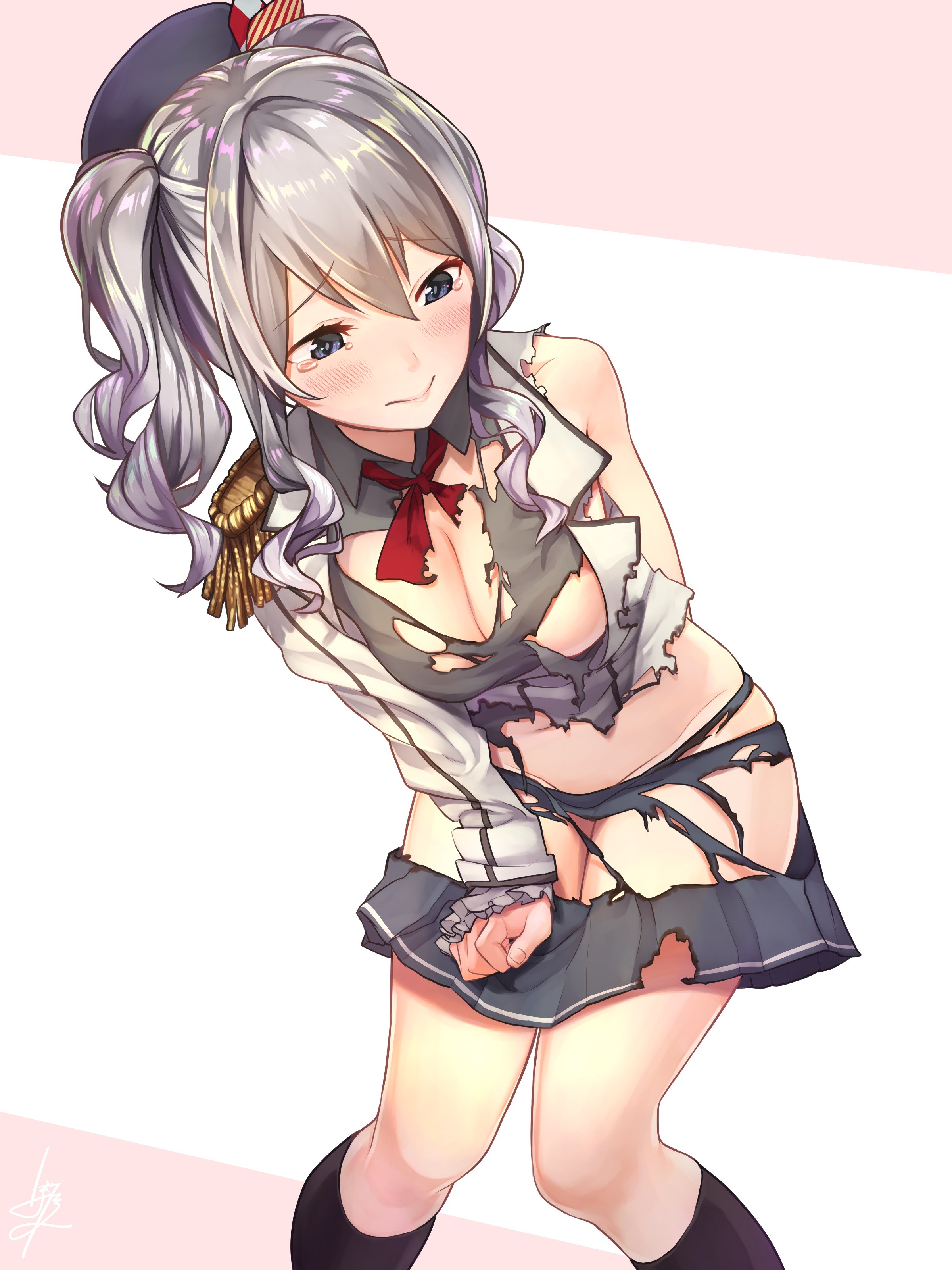 Anime 2400x3200 anime anime girls Kantai Collection Kashima (KanColle) cleavage no bra nopan torn clothes uniform big boobs silver hair twintails blue eyes thighs strategic covering torn shirt tears looking sideways embarrassed hat Pixiv