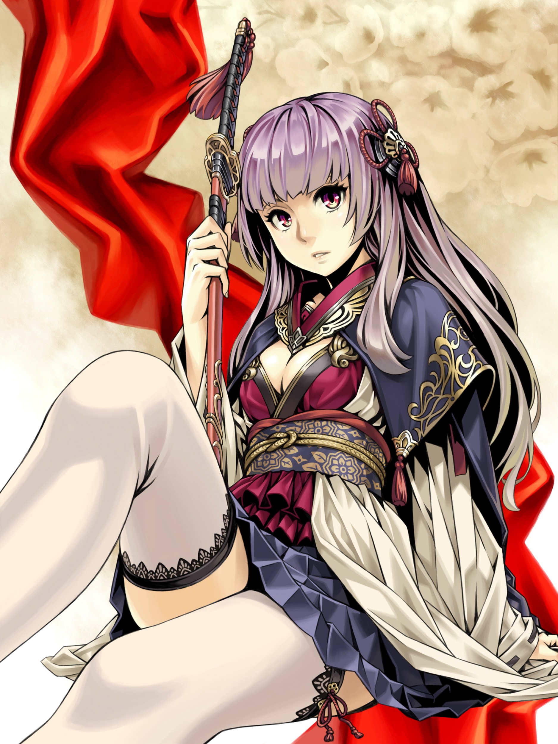Anime 1875x2500 anime anime girls cleavage Japanese clothes sword weapon original characters Pixiv stockings white stockings thighs women with swords fantasy art fantasy girl purple hair sitting