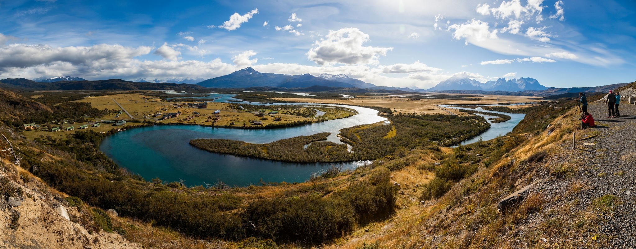 General 2048x804 nature landscape photography panorama river mountains clouds village shrubs people photographer Patagonia Chile South America