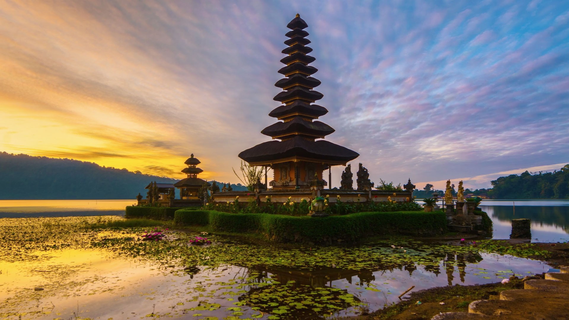 General 1920x1080 nature landscape architecture building Asian architecture temple Bali Indonesia island water lake plants sunset clouds reflection Hindu Architecture Hinduism Asia sunlight
