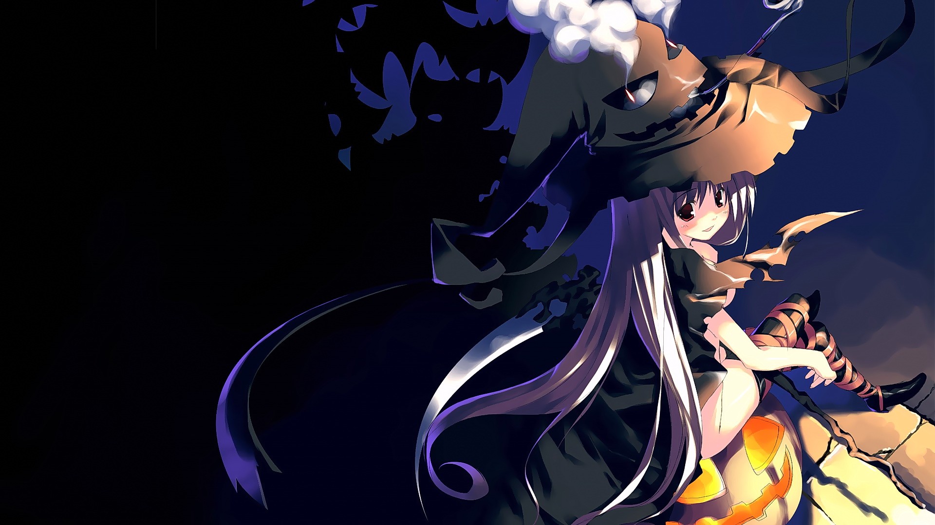Anime 1920x1080 anime anime girls long hair hat sitting looking at viewer pumpkin witch hat women with hats fantasy art fantasy girl purple hair